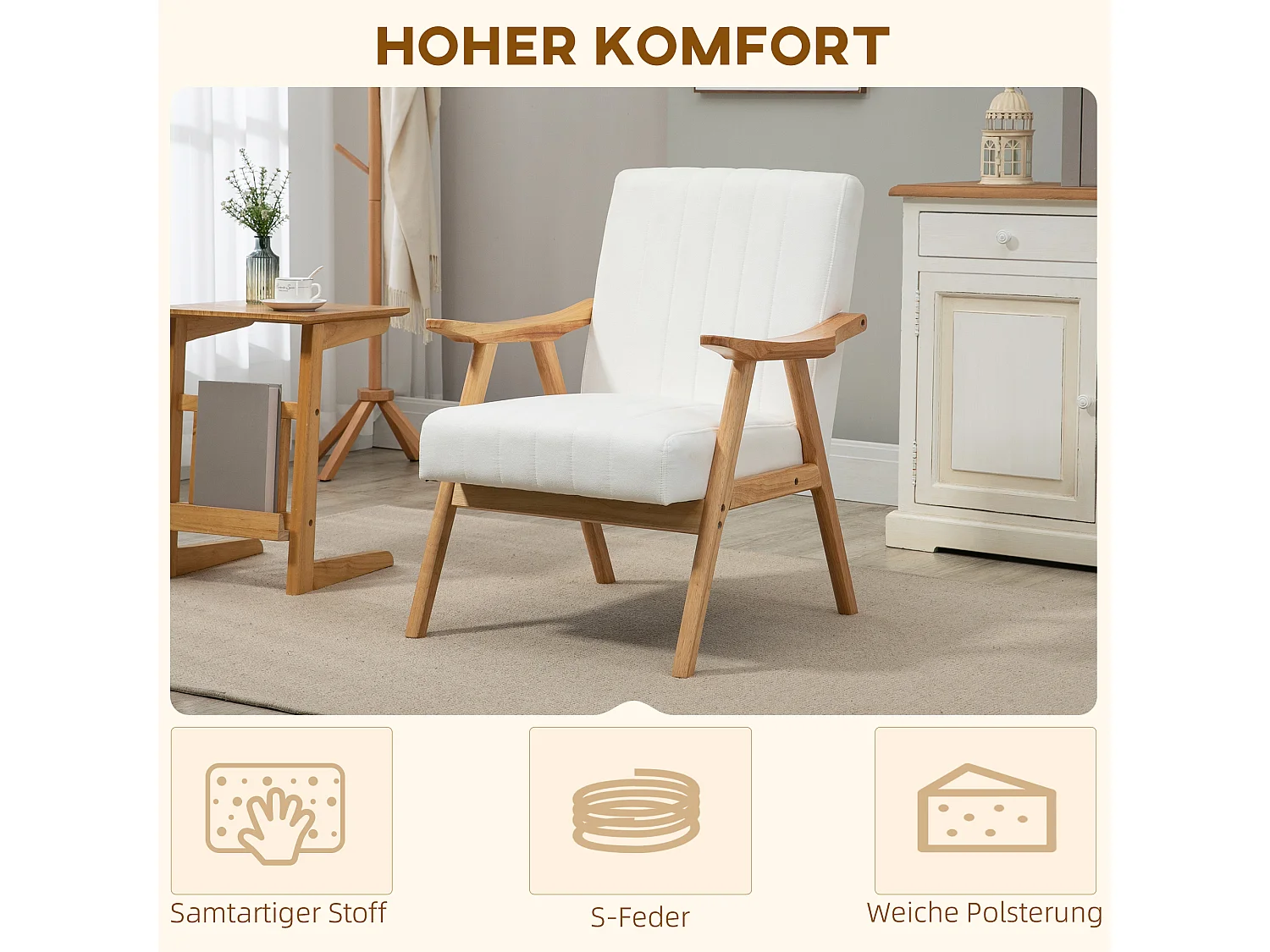 Fauteuil lounge en velours avec accoudoirs style scandinave pour salon chambre crème 68x74x82cm