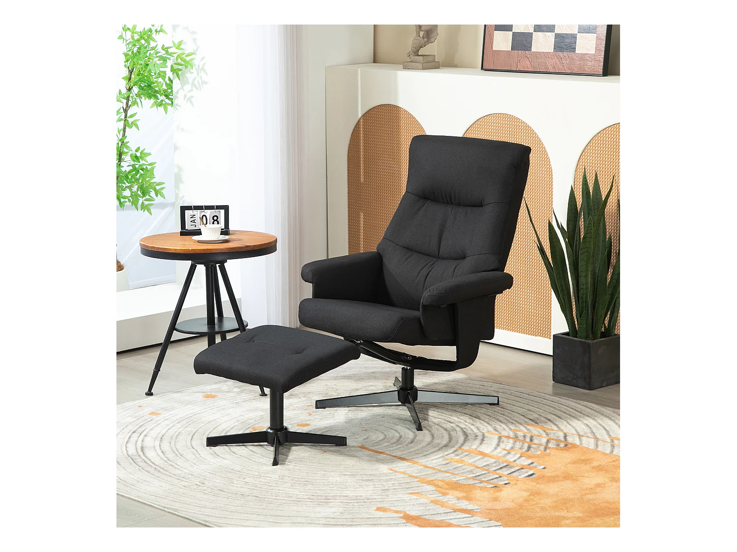 Sillón relax giratorio con otomana de terciopelo, reclinable 135° para salón, dormitorio, negro, 74x81x102 cm