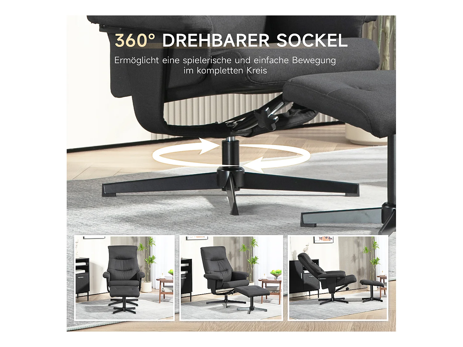 Sillón relax giratorio con otomana de terciopelo, reclinable 135° para salón, dormitorio, negro, 74x81x102 cm