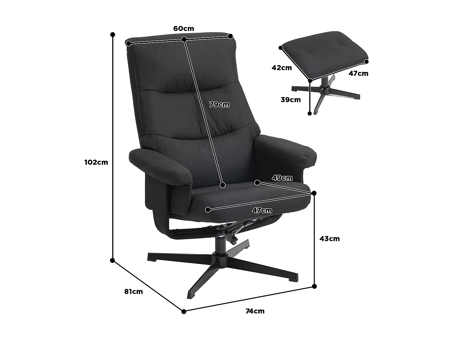 Fauteuil relax pivotant avec ottomane velours inclinabile 135° pour salon chambre noir 74x81x102 cm