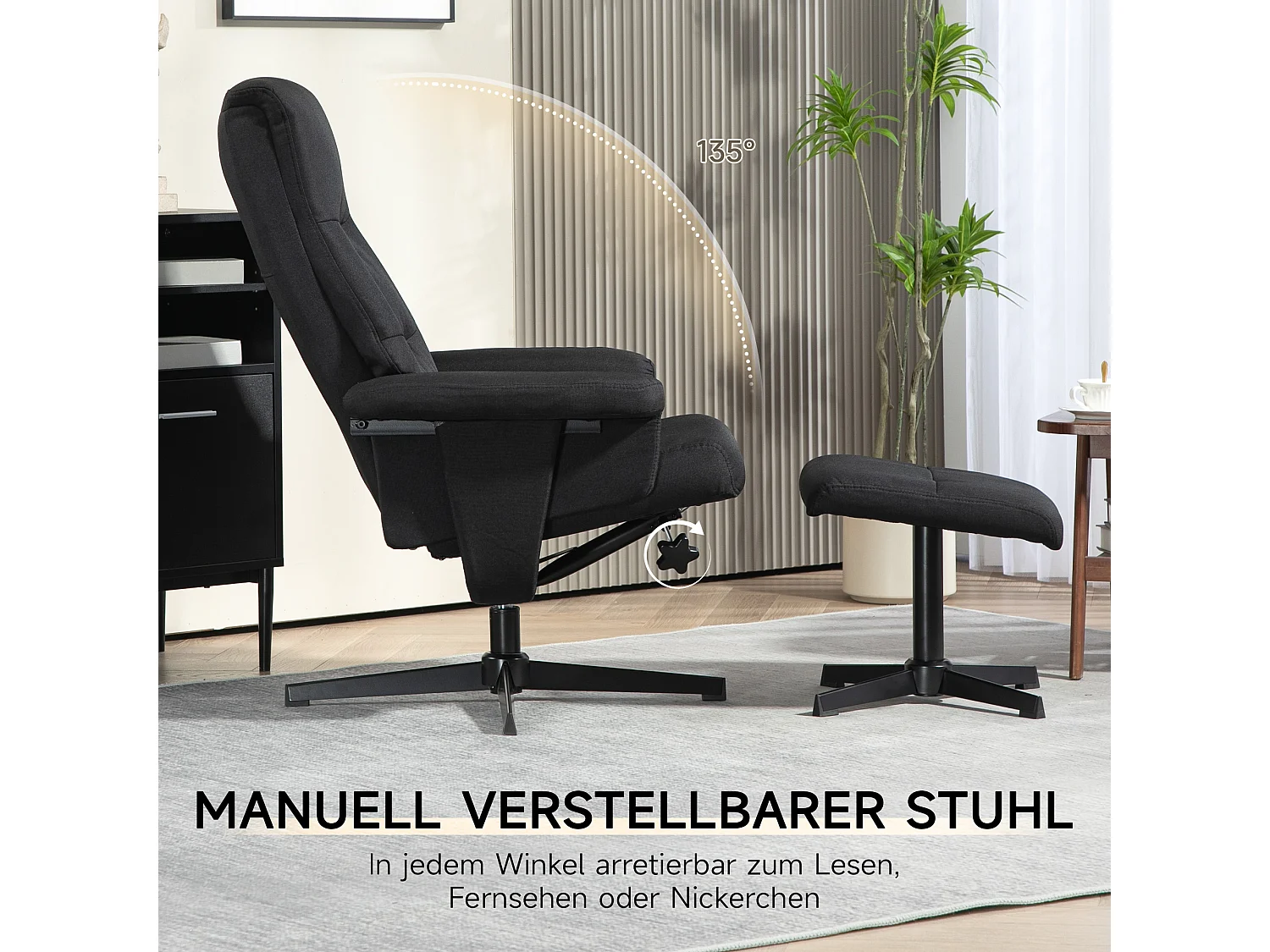 Fauteuil relax pivotant avec ottomane velours inclinabile 135° pour salon chambre noir 74x81x102 cm