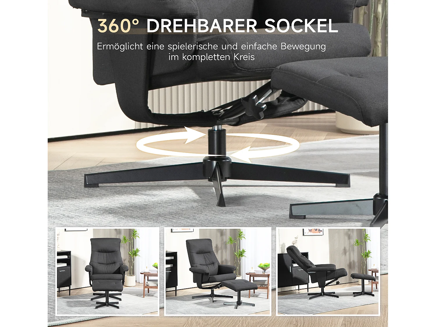 Fauteuil relax pivotant avec ottomane velours inclinabile 135° pour salon chambre noir 74x81x102 cm