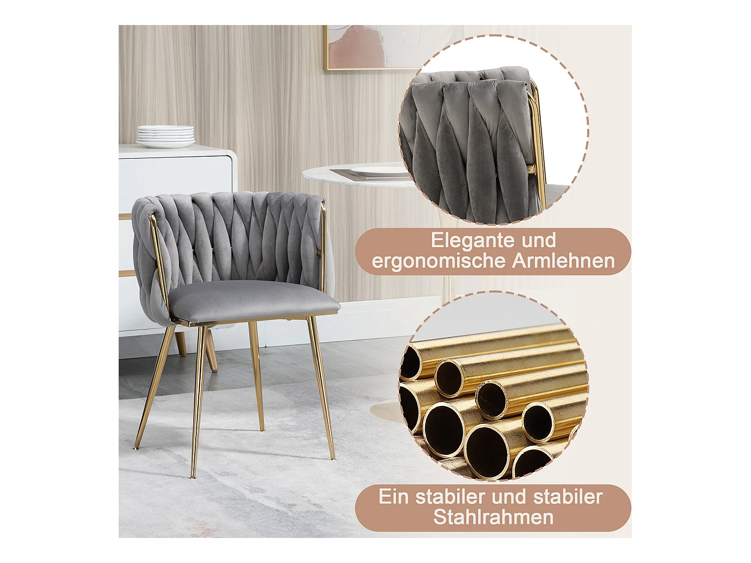 Chaise salle à manger velluto design dossier tressé assise confortevole pieds métal doré 2 pz