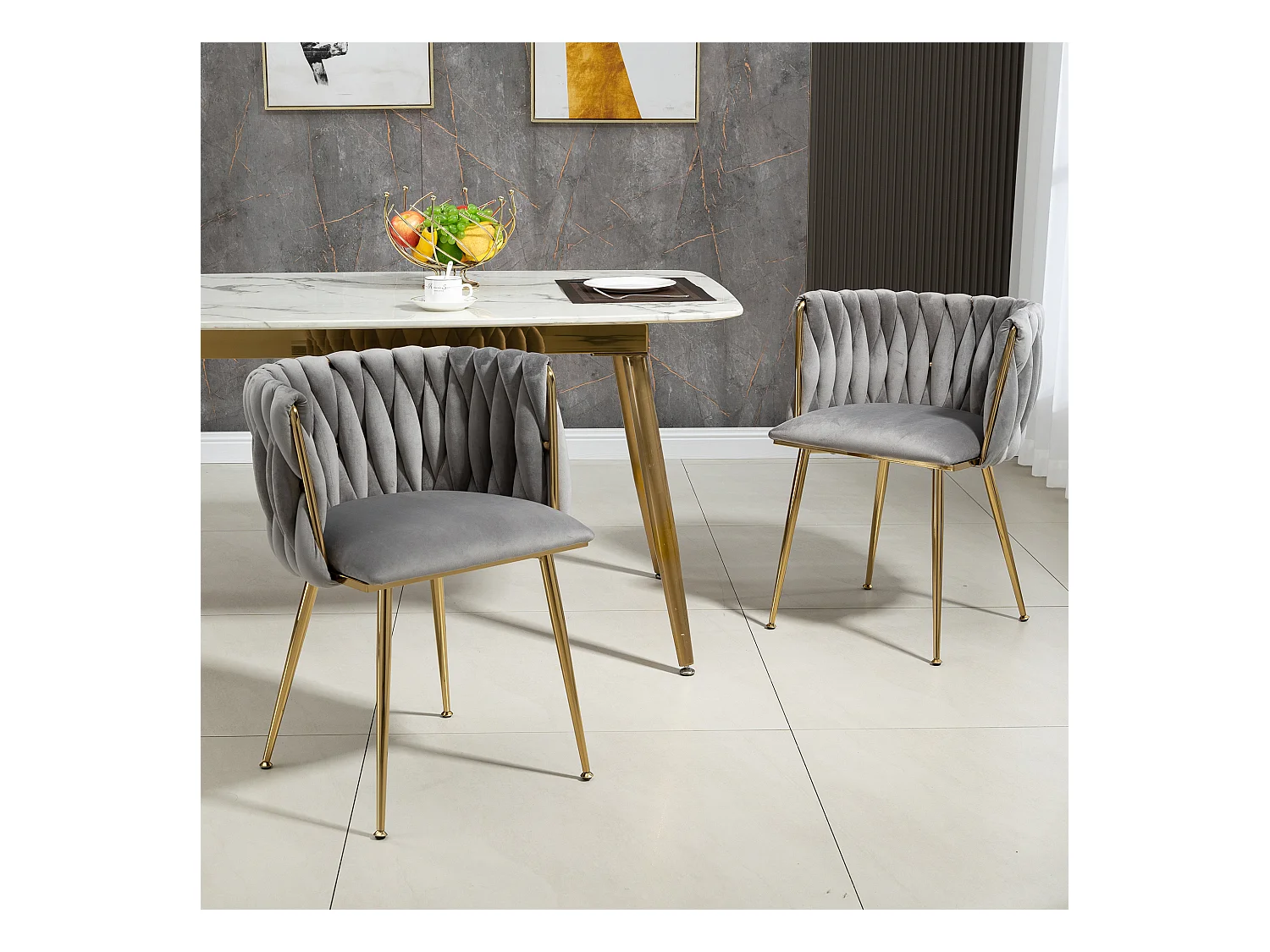 Chaise salle à manger velluto design dossier tressé assise confortevole pieds métal doré 2 pz