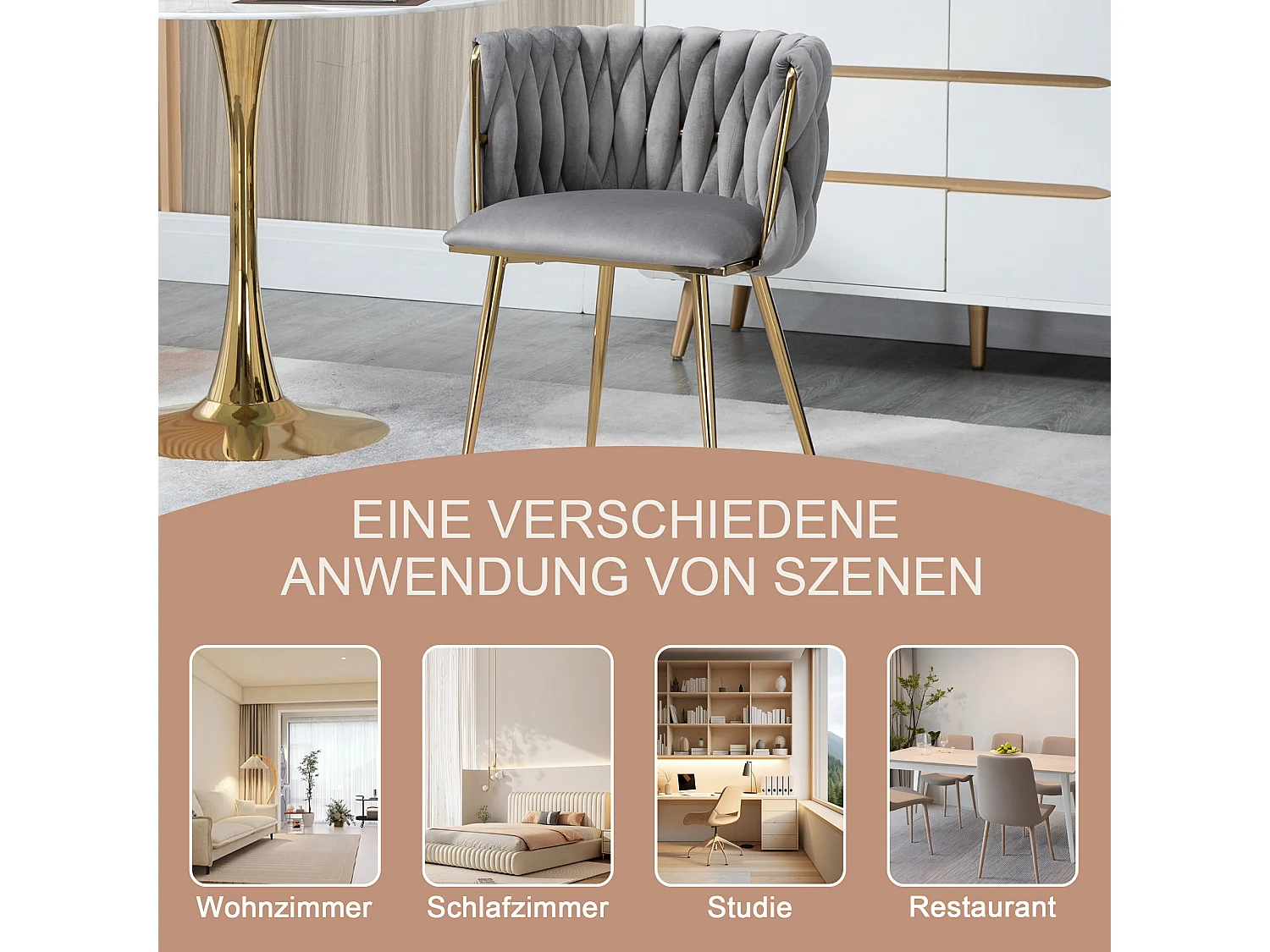 Chaise salle à manger velluto design dossier tressé assise confortevole pieds métal doré 2 pz