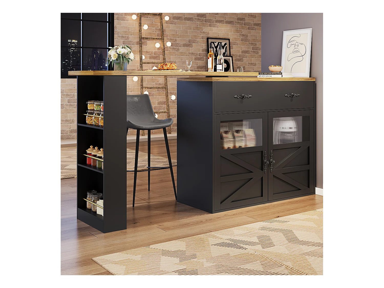 Tavolo bar allungabile MDF 138-204cm pivotante 360° con rangement noir pour kitchen salon