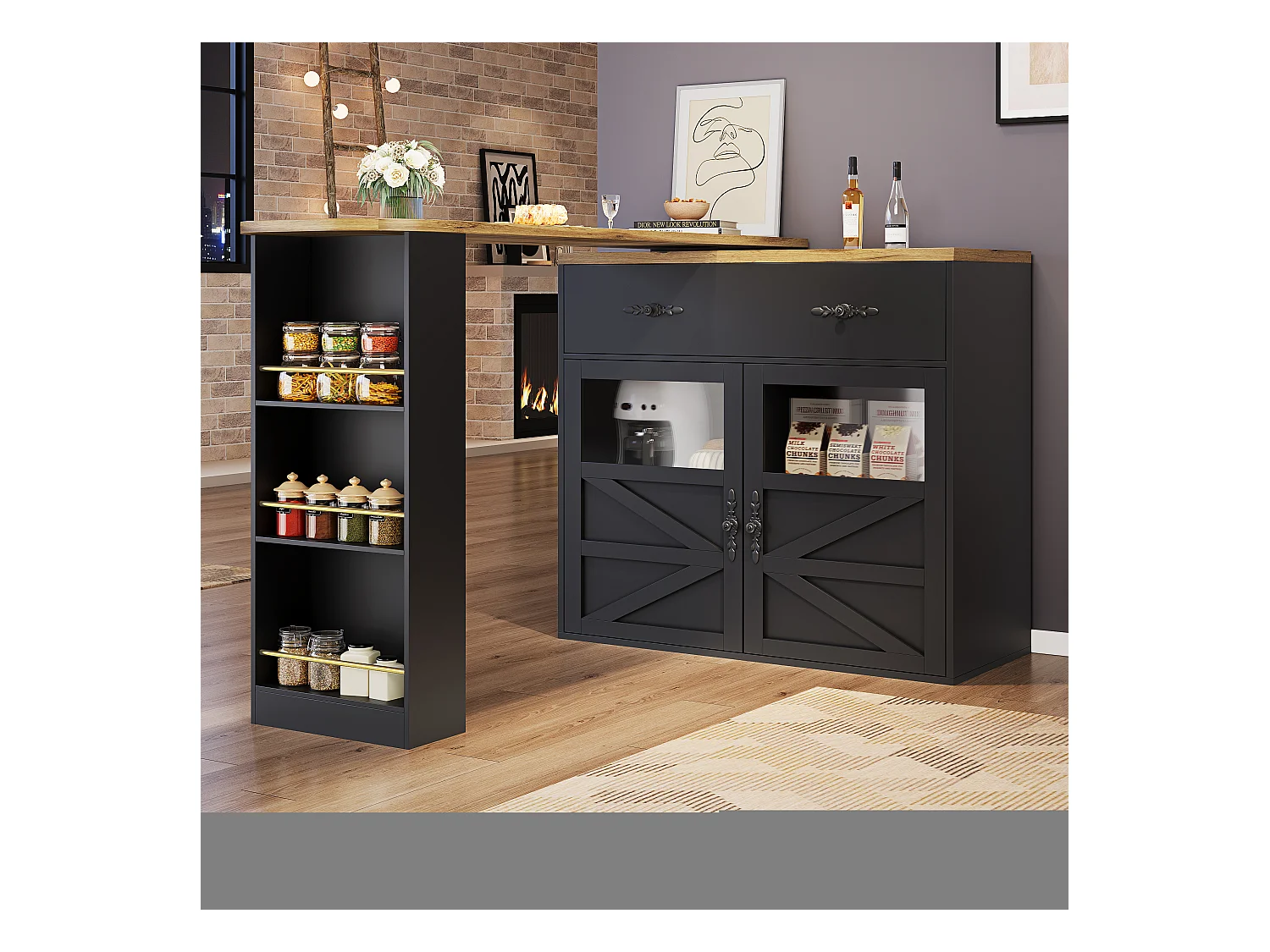 Tavolo bar allungabile MDF 138-204cm pivotante 360° con rangement noir pour kitchen salon