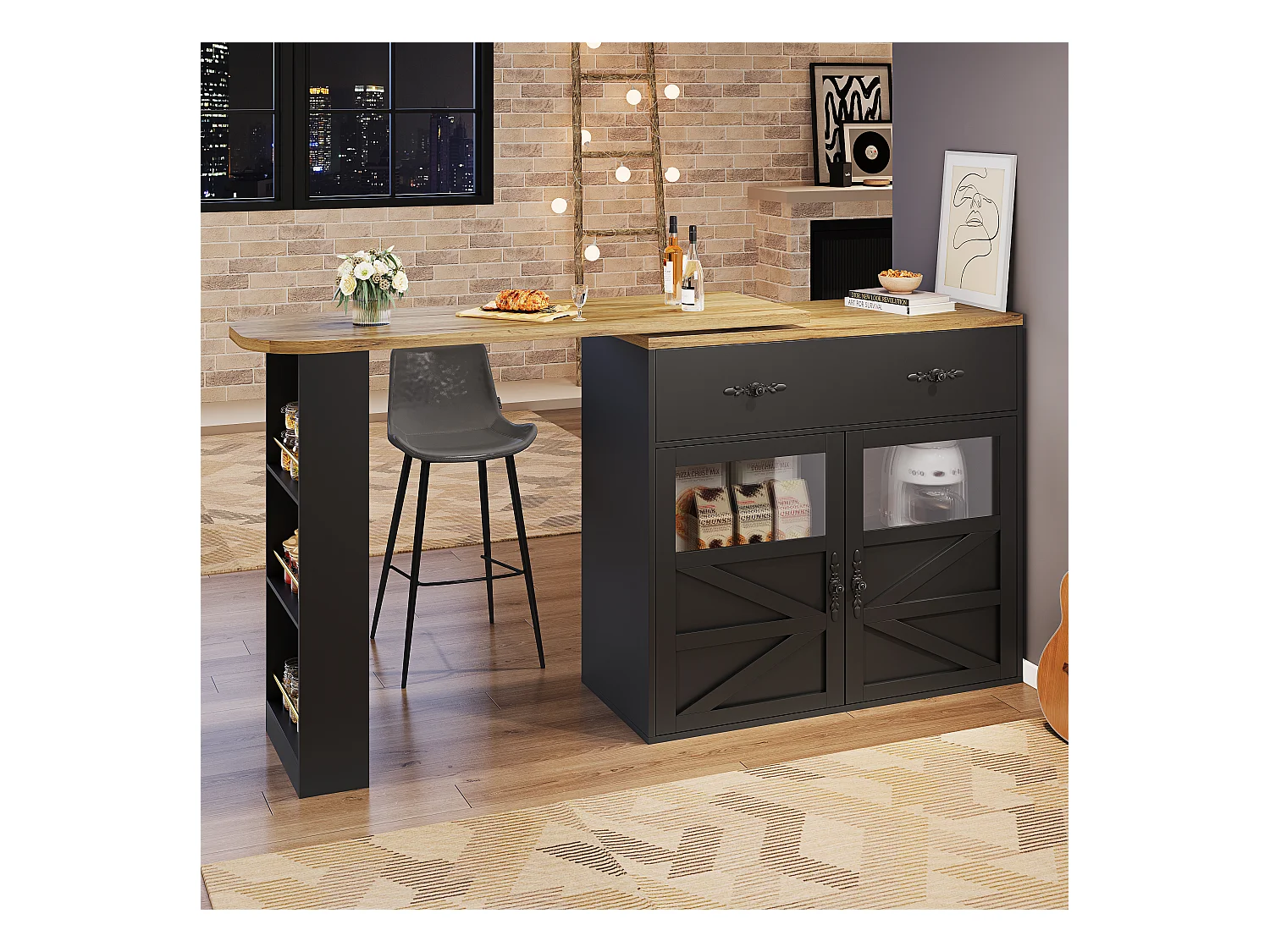 Tavolo bar allungabile MDF 138-204cm pivotante 360° con rangement noir pour kitchen salon
