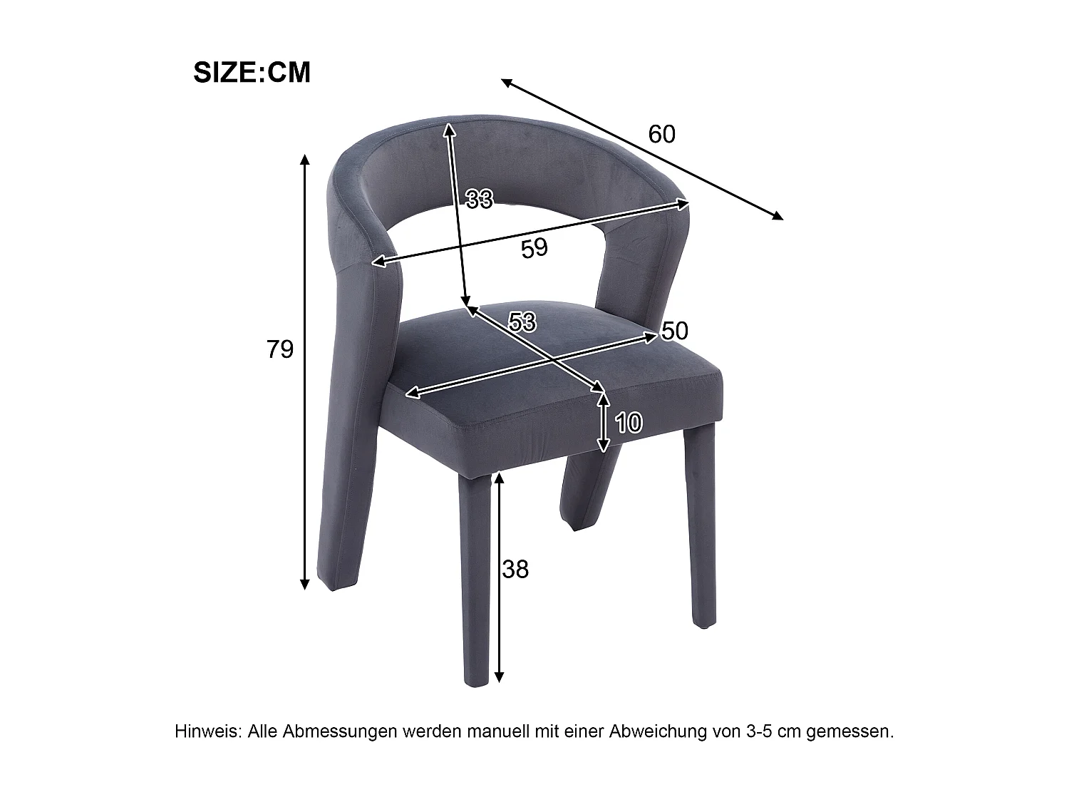 Fauteuil lounge velours gris 59x60x79 cm siège confortable salon chambre Bureau