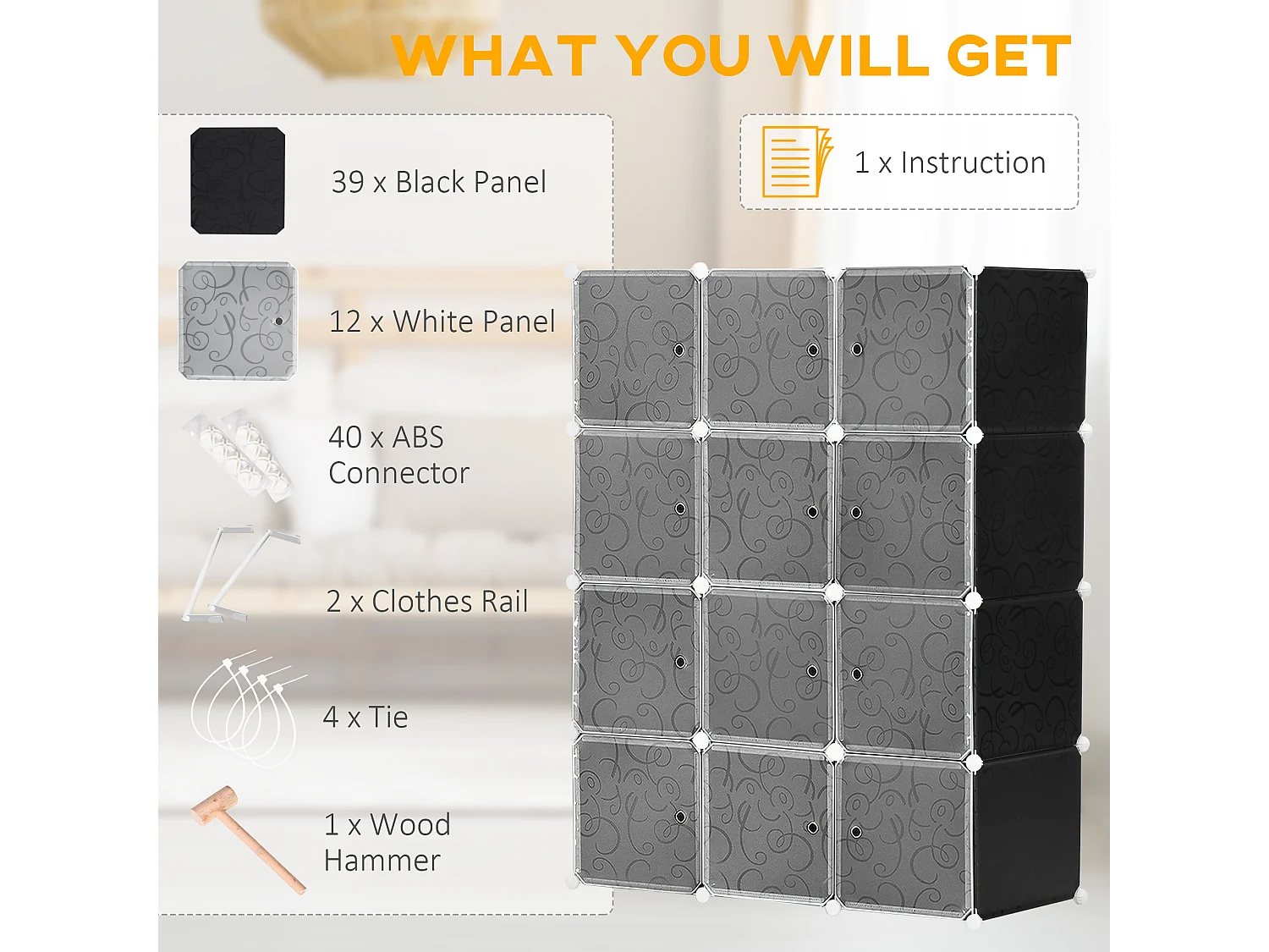 Armadio modulabile in plastica nera bianca con penderie rangement vêtements chambre 111x47x145 cm