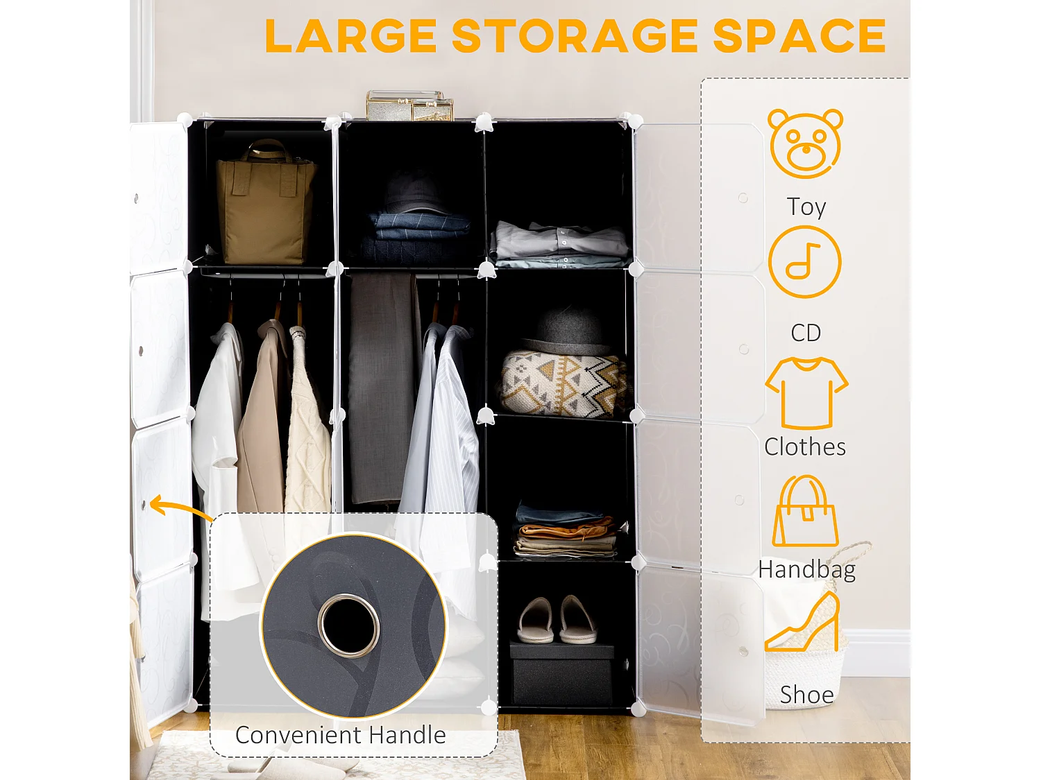 Armadio modulabile in plastica nera bianca con penderie rangement vêtements chambre 111x47x145 cm