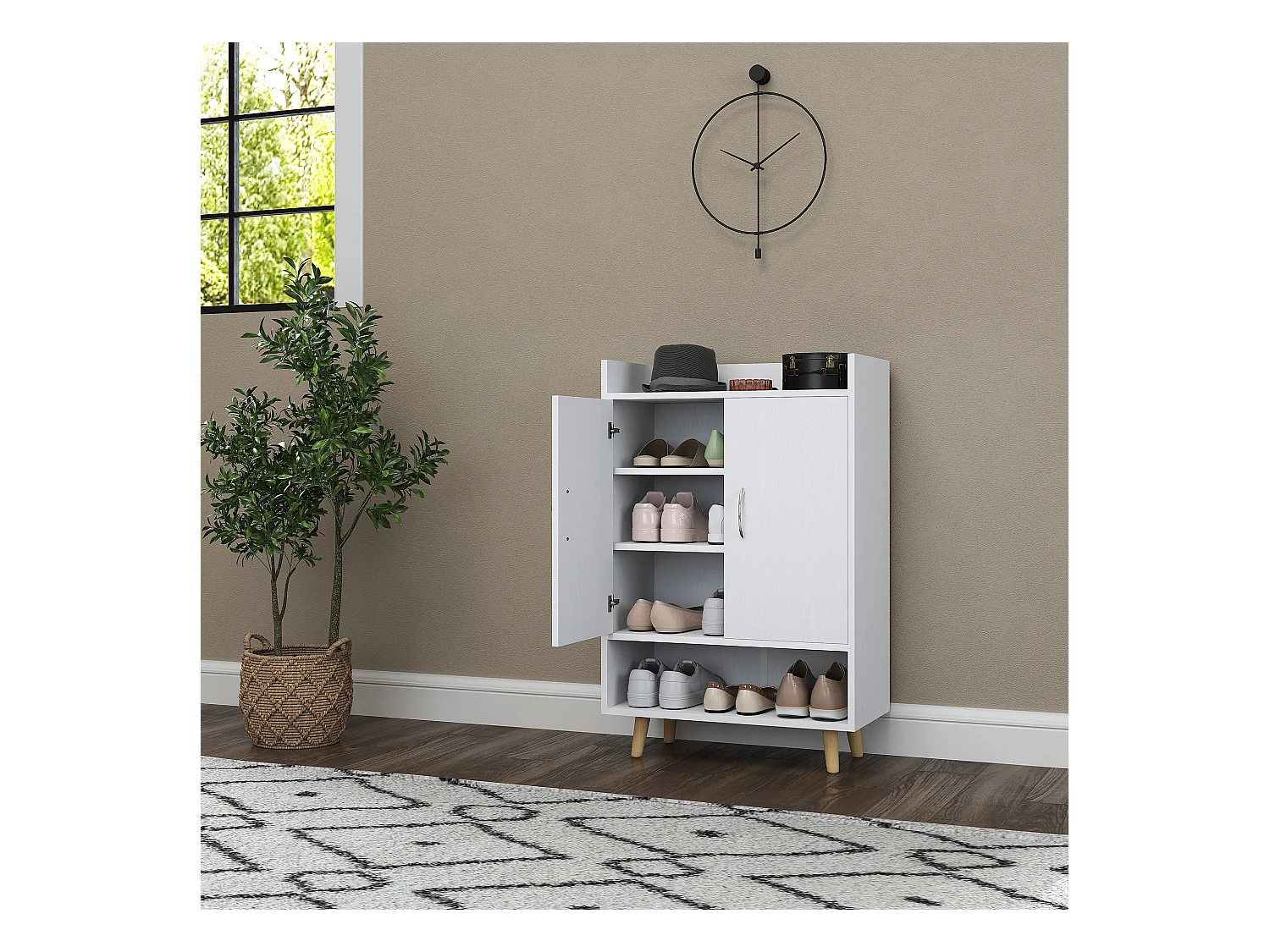 Sapateira de madeira branca com 3 prateleiras e portas para entrada ou corredor 60x30x92 cm