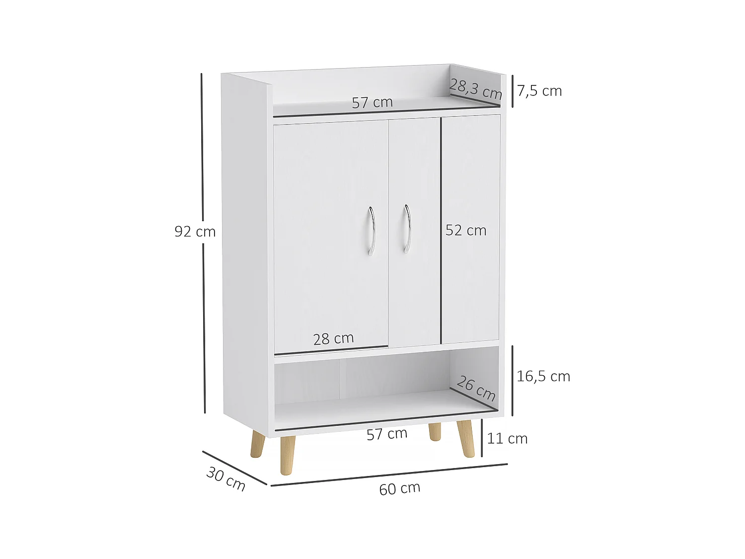 Sapateira de madeira branca com 3 prateleiras e portas para entrada ou corredor 60x30x92 cm