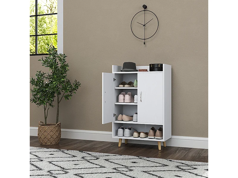 Zapatero de madera blanca con 3 estantes y puertas para entrada o pasillo 60x30x92 cm