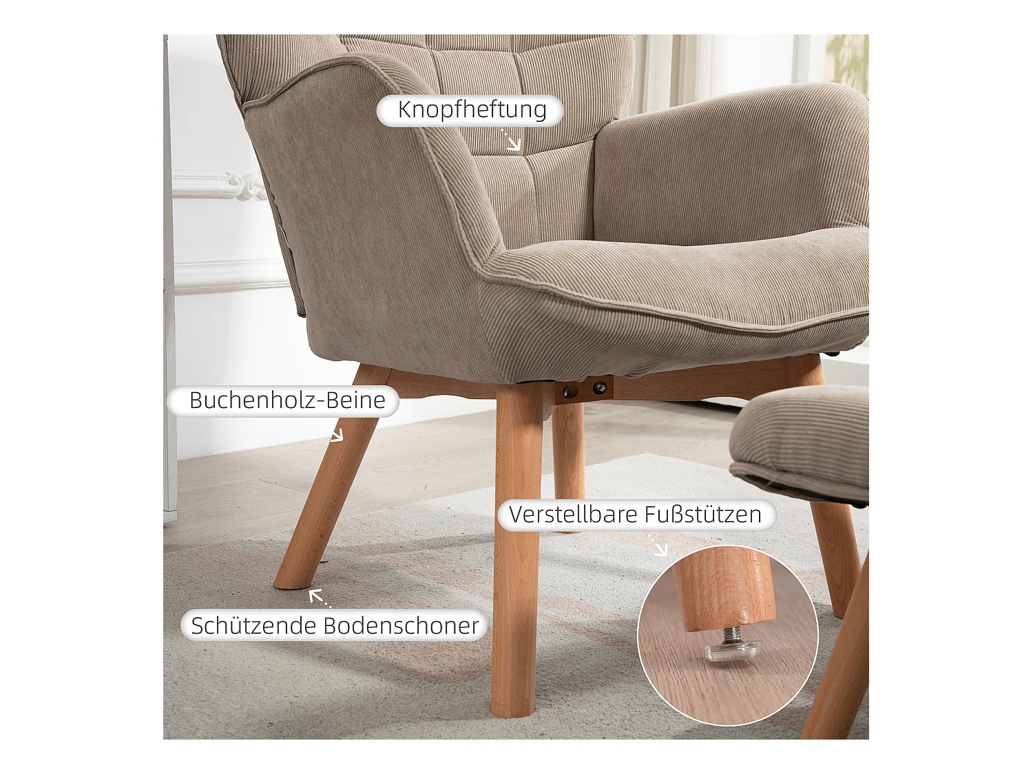 Sillón con reposapiés de pana sillón lounge sillón reposabrazos caqui 72x80x101 cm