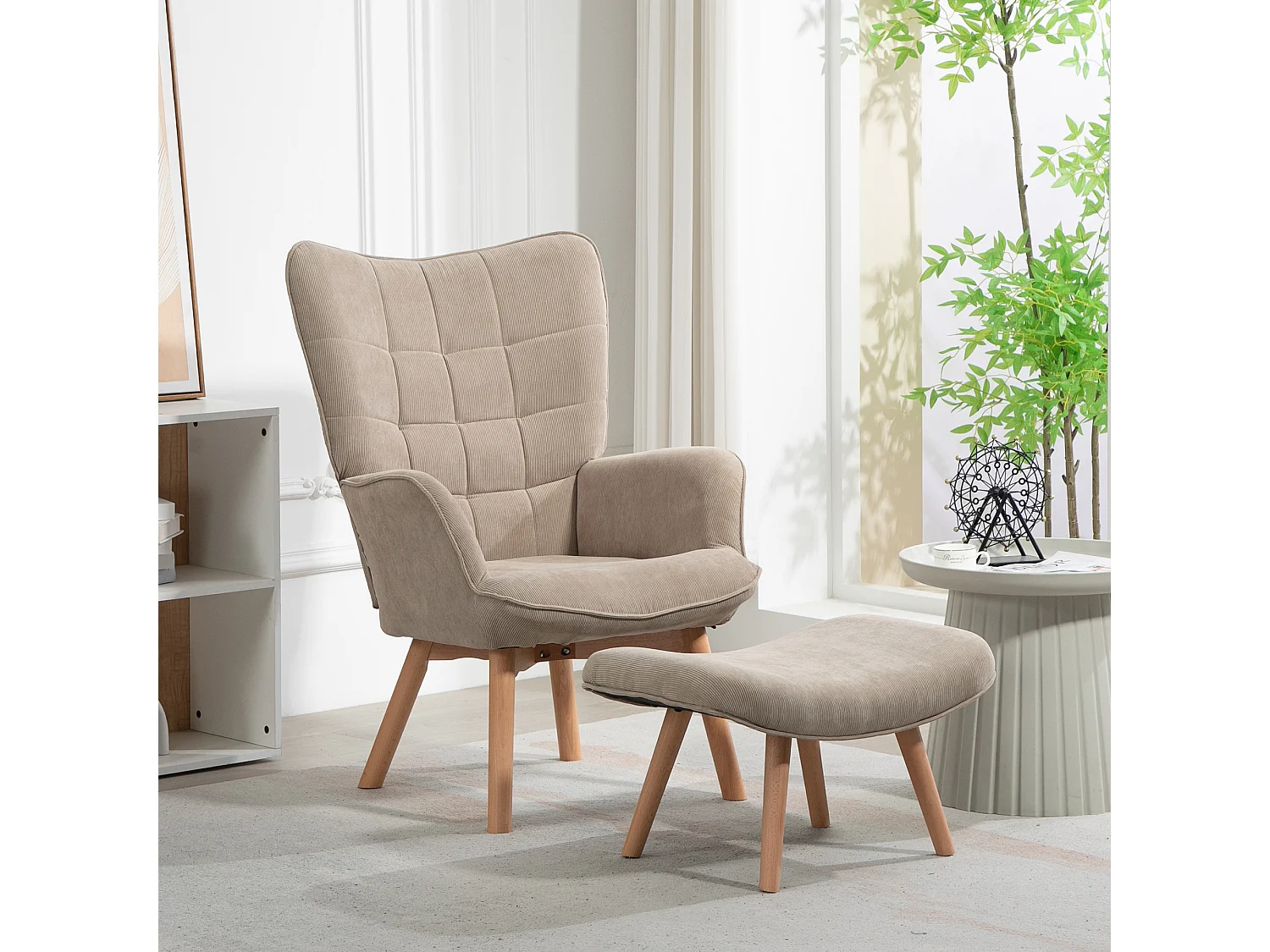 Fauteuil oreille avec repose-pieds velours côtelé assise lounge fauteuil salon accoudoirs kaki 72x80x101 cm