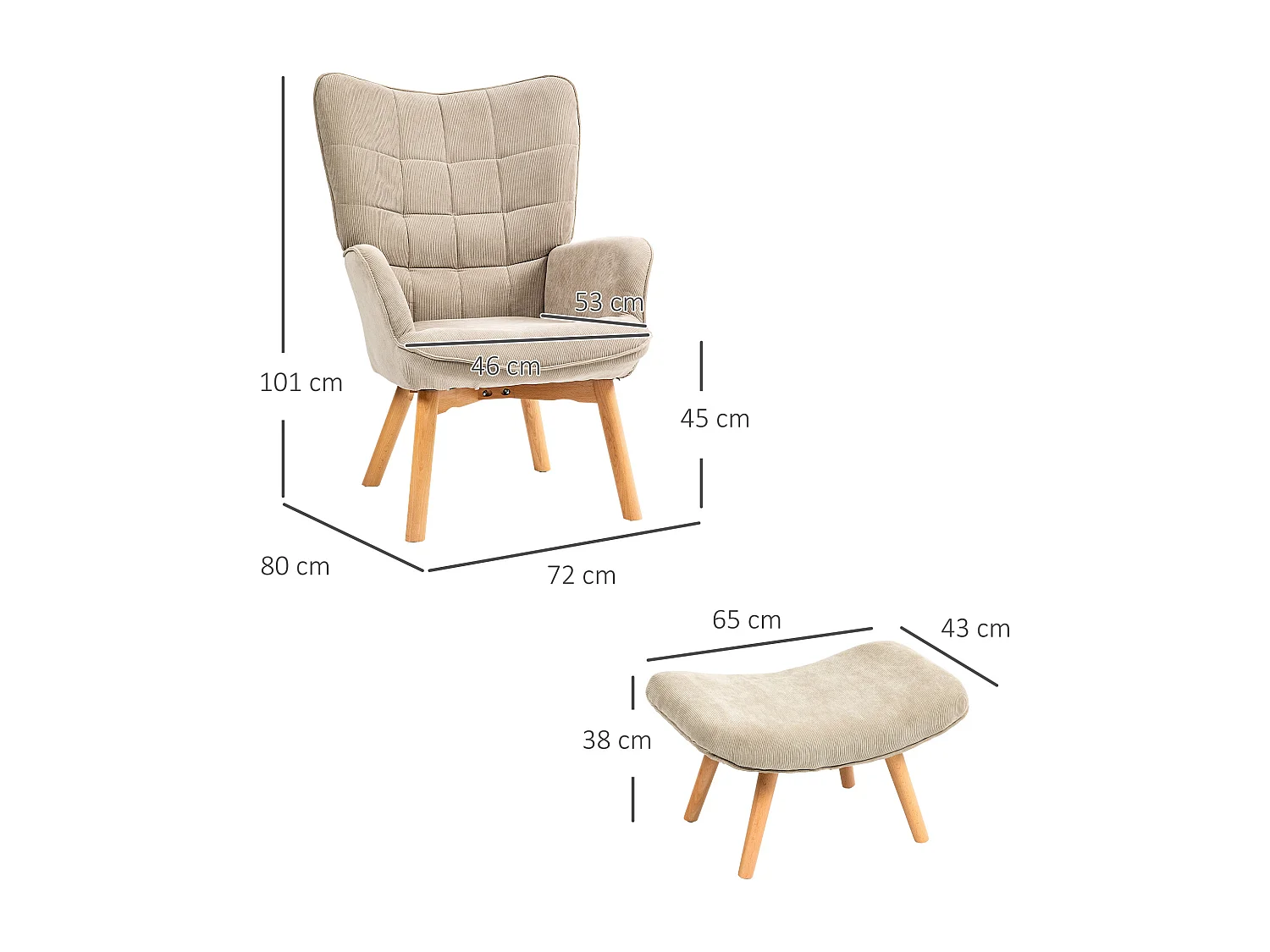 Fauteuil oreille avec repose-pieds velours côtelé assise lounge fauteuil salon accoudoirs kaki 72x80x101 cm