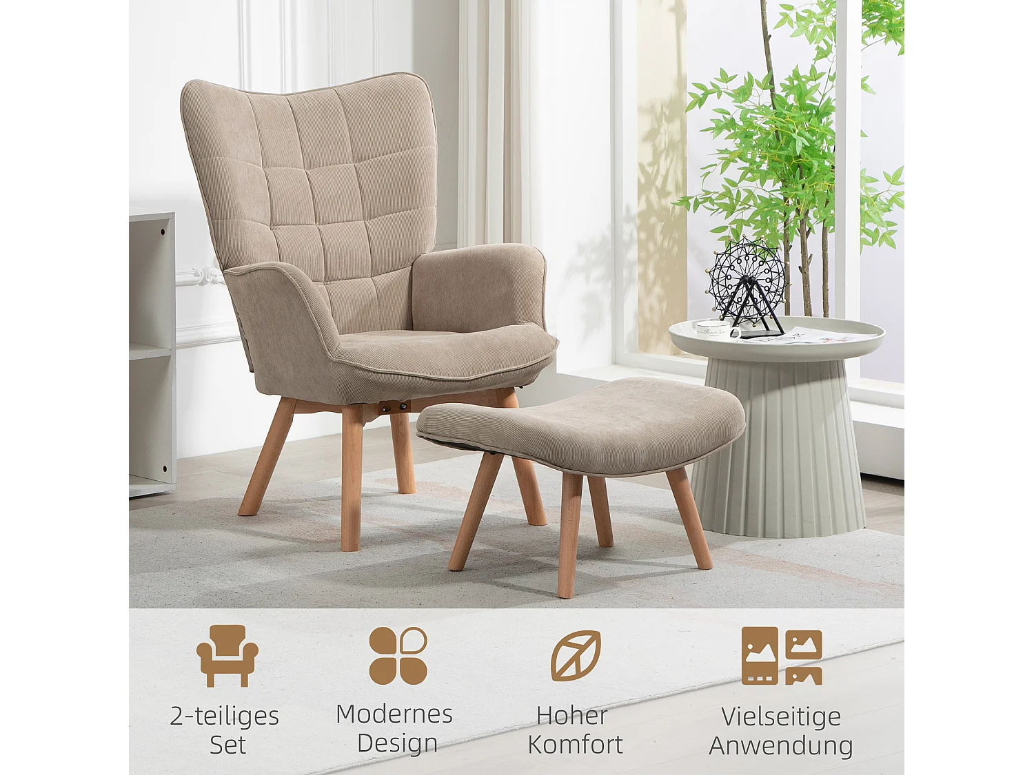 Fauteuil oreille avec repose-pieds velours côtelé assise lounge fauteuil salon accoudoirs kaki 72x80x101 cm