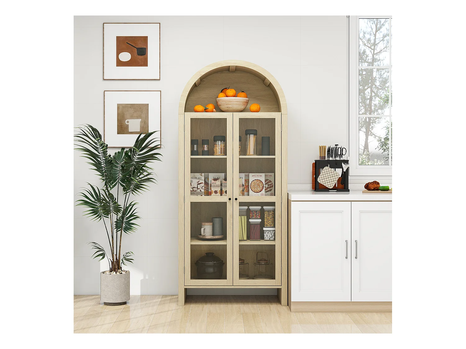 Armário alto de madeira clara com portas de vidro e 2 gavetas para armazenamento na cozinha e sala de estar 79x39,5x178 cm