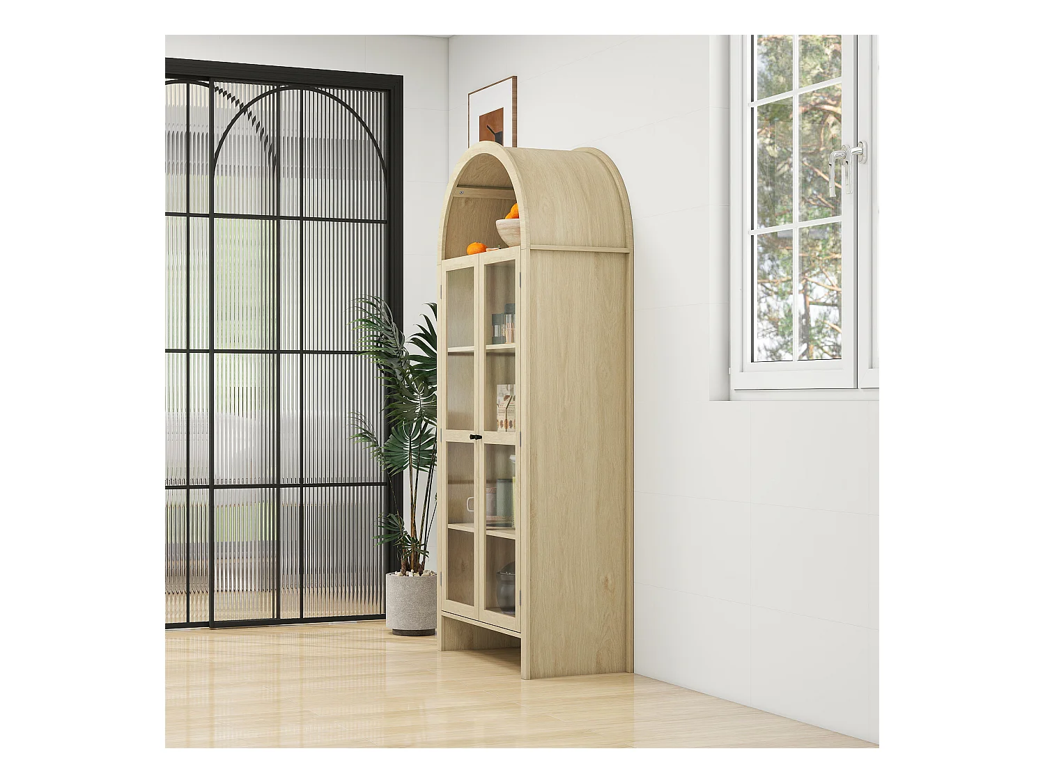 Armário alto de madeira clara com portas de vidro e 2 gavetas para armazenamento na cozinha e sala de estar 79x39,5x178 cm