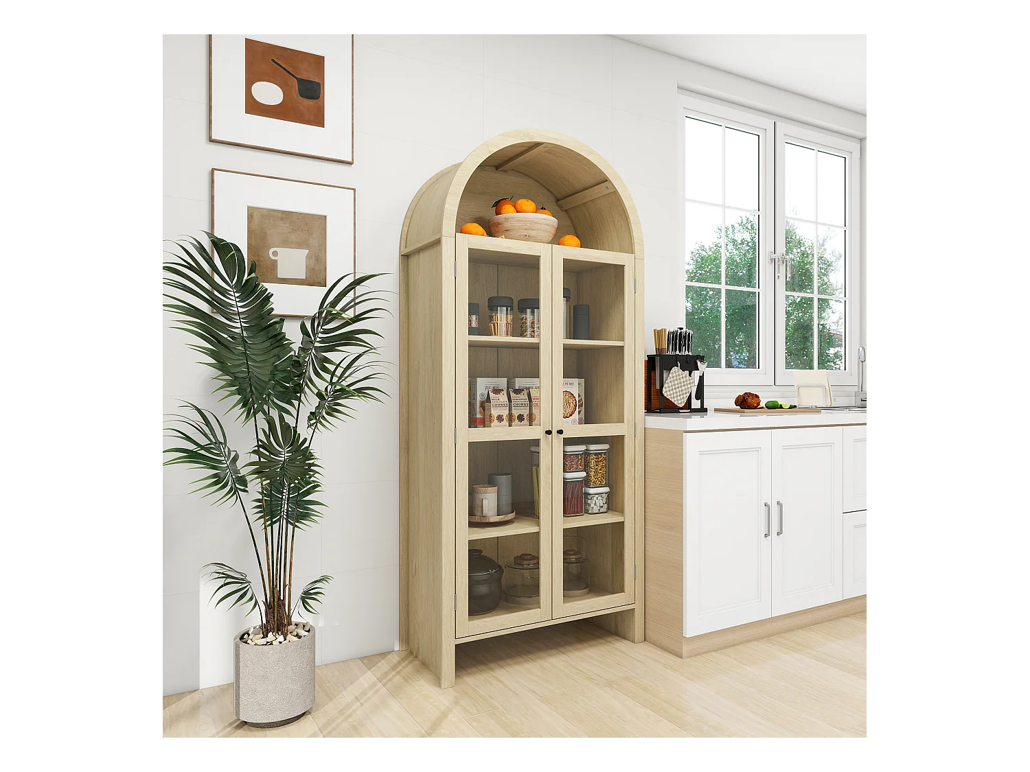 Armário alto de madeira clara com portas de vidro e 2 gavetas para armazenamento na cozinha e sala de estar 79x39,5x178 cm