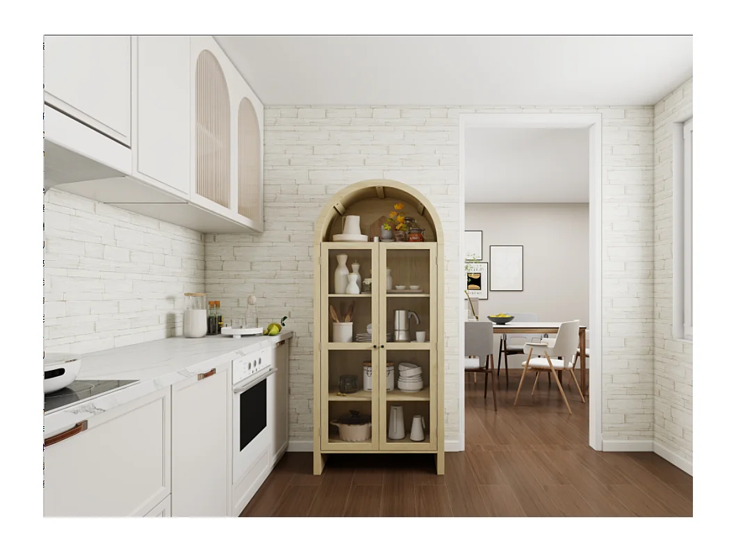 Armário alto de madeira clara com portas de vidro e 2 gavetas para armazenamento na cozinha e sala de estar 79x39,5x178 cm