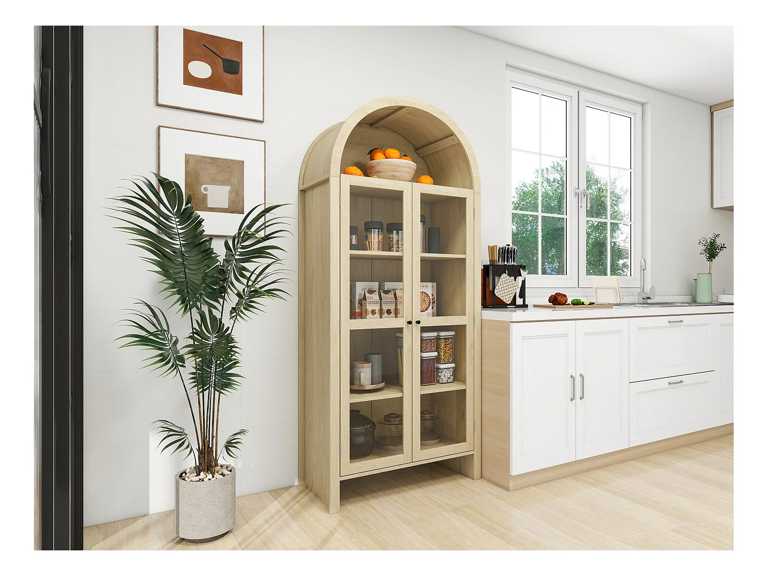 Armário alto de madeira clara com portas de vidro e 2 gavetas para armazenamento na cozinha e sala de estar 79x39,5x178 cm