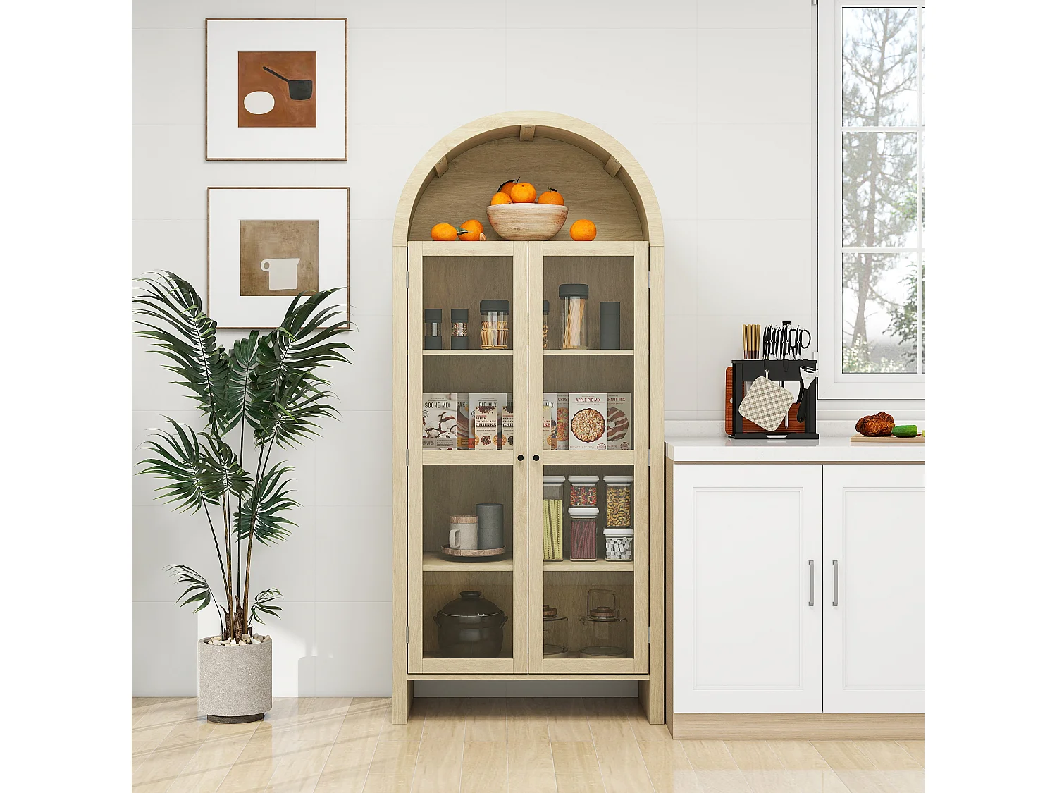 Armoire haute bois clair avec portes vitrées et 2 tiroirs rangement cuisine salon 79x39,5x178 cm