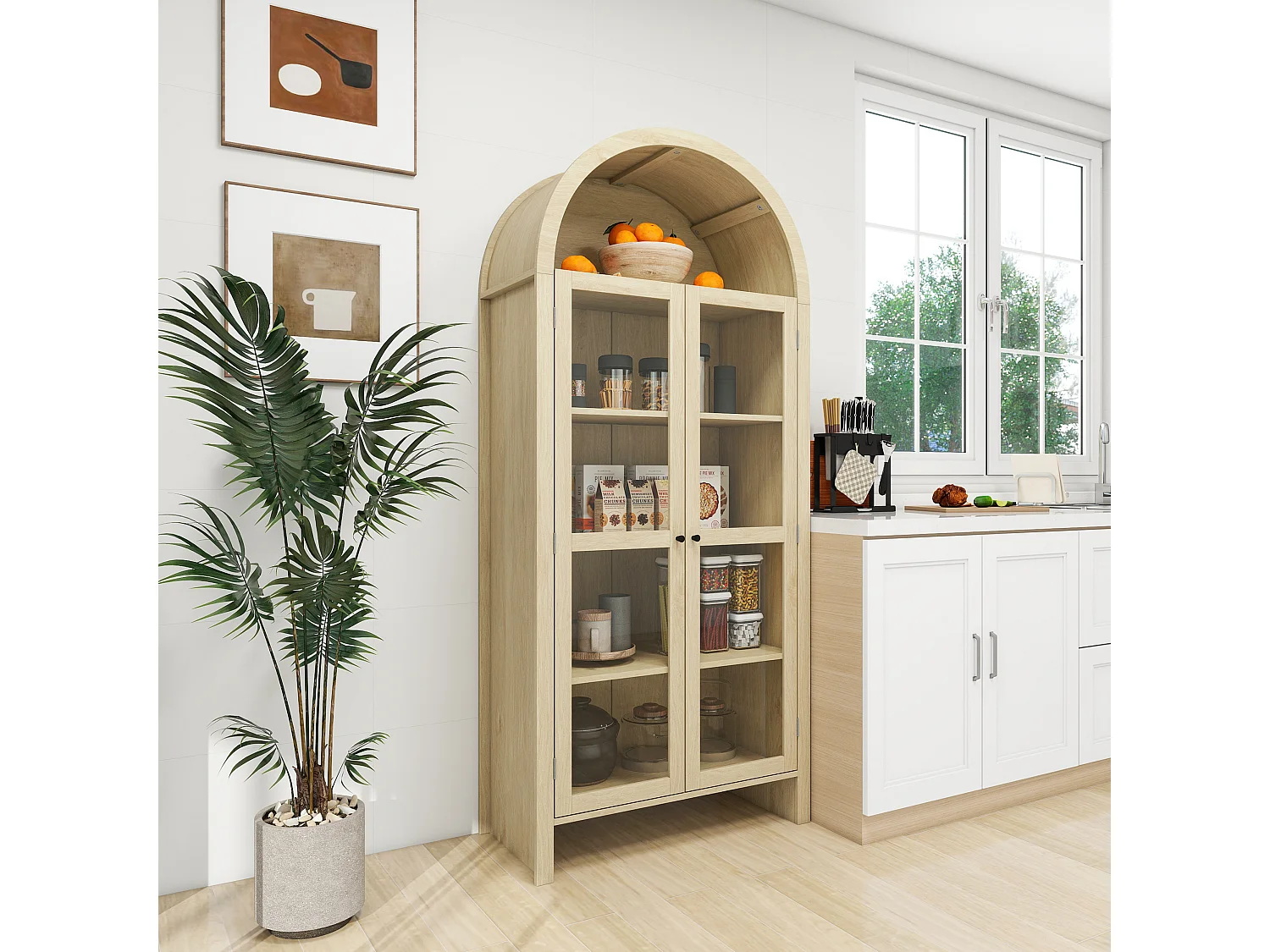 Armoire haute bois clair avec portes vitrées et 2 tiroirs rangement cuisine salon 79x39,5x178 cm