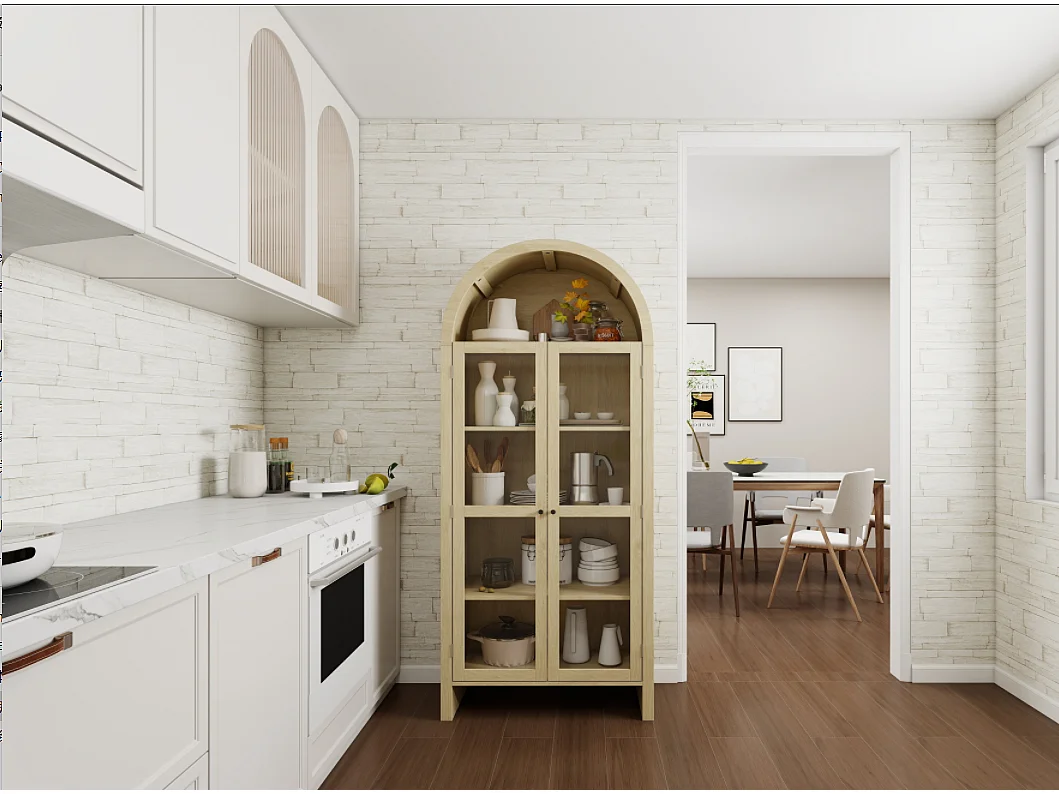 Armoire haute bois clair avec portes vitrées et 2 tiroirs rangement cuisine salon 79x39,5x178 cm