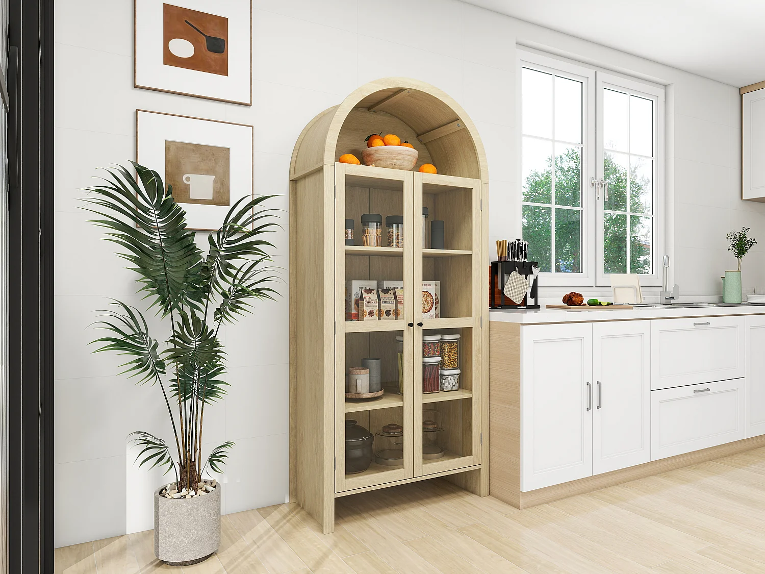 Armoire haute bois clair avec portes vitrées et 2 tiroirs rangement cuisine salon 79x39,5x178 cm