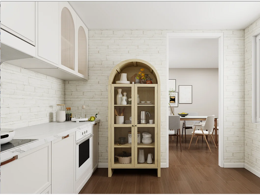 Mueble alto de madera clara con puertas de cristal y 2 cajones para almacenaje de cocina y salón 79x39,5x178 cm