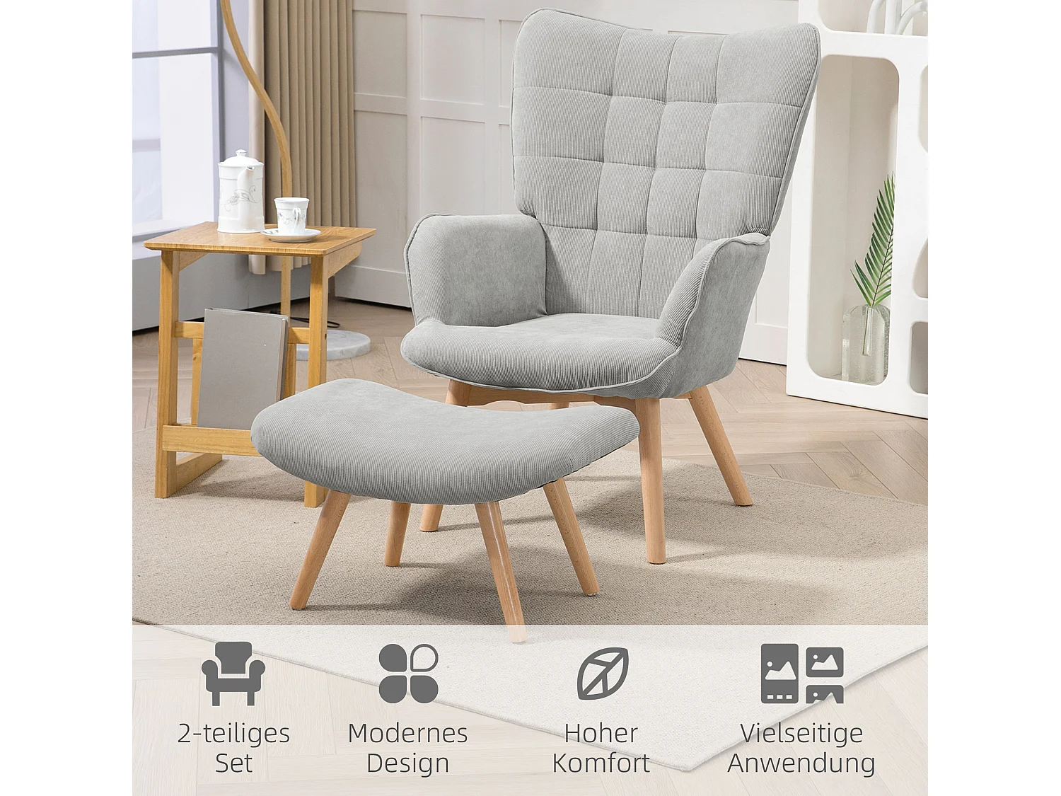 Sillón con reposapiés de pana con brazos gris 72x80x101 cm