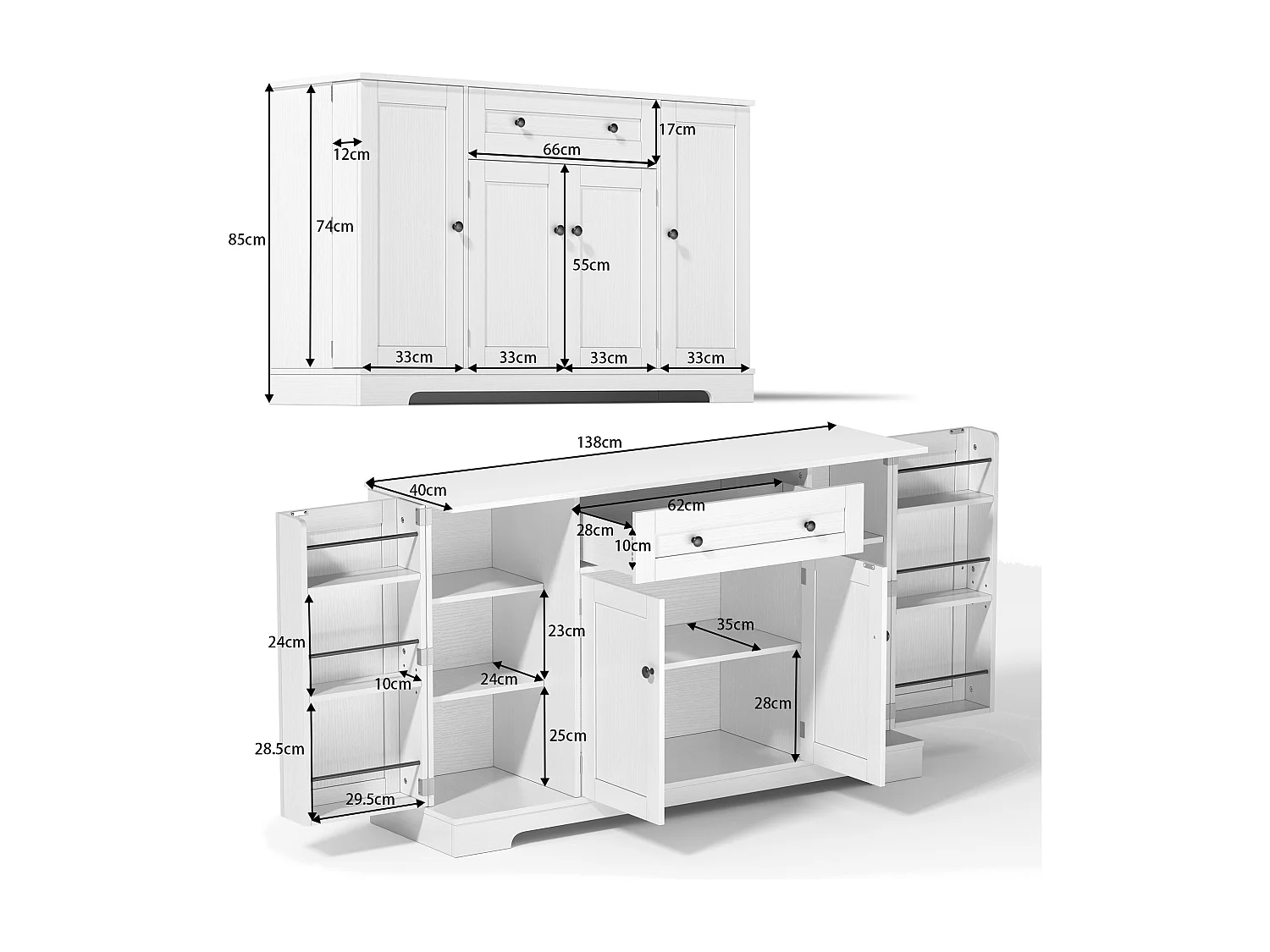 Buffet 138cm MDF moderne tiroir étagères rangement cuisine salon chambre blanc