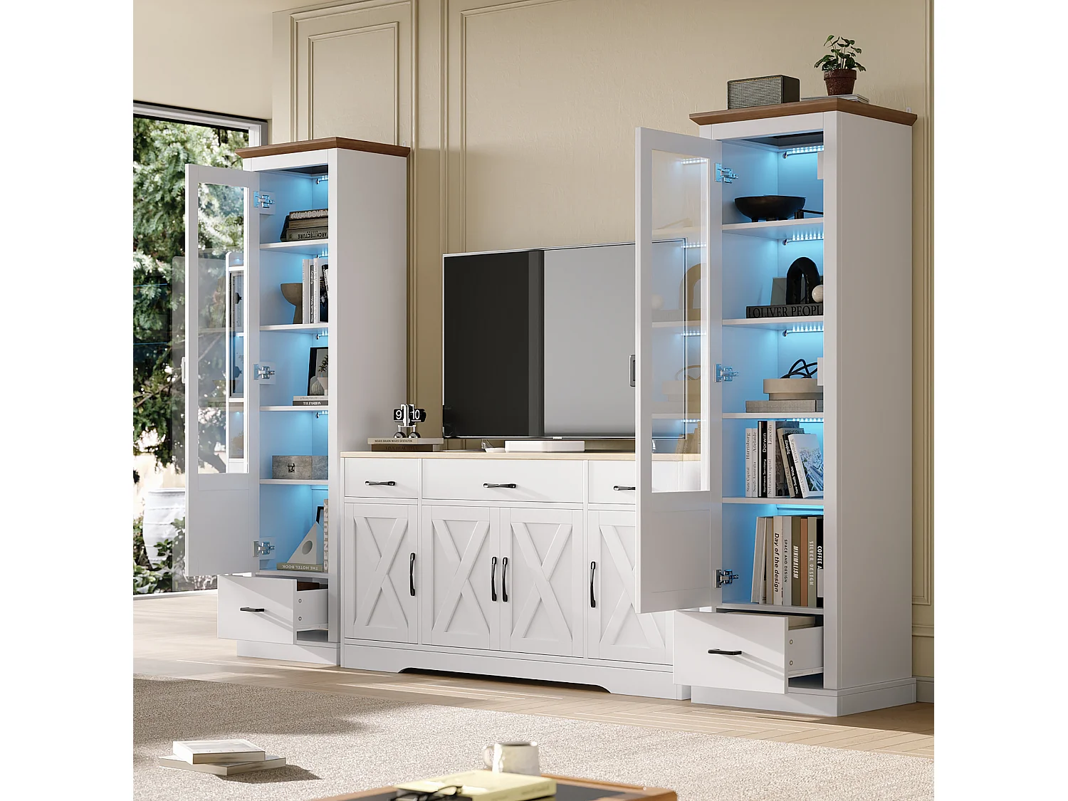 Vitrina LED 5 estantes panel de madera blanca con cajón USB moderna sala de estar dormitorio 178cm