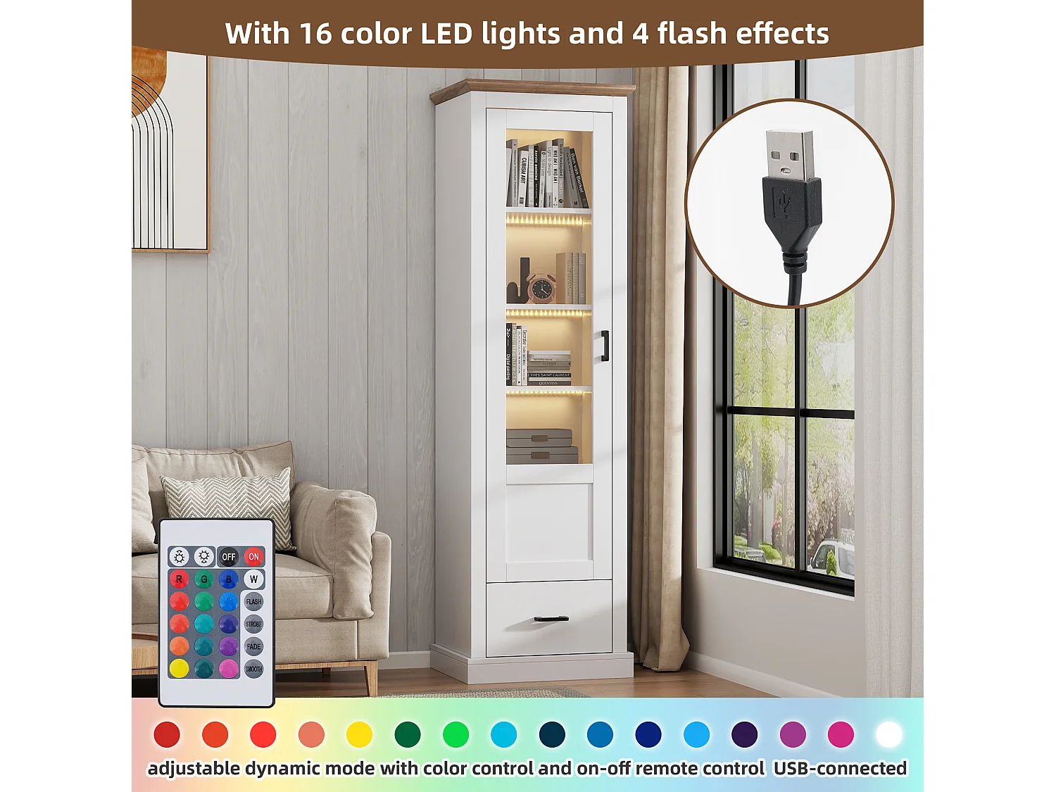 Vitrina LED 5 estantes panel de madera blanca con cajón USB moderna sala de estar dormitorio 178cm