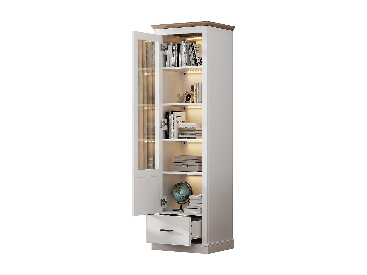 Vetrina LED 5 ripiani pannello legno bianco con cassetto USB moderna camera da salone 178 cm