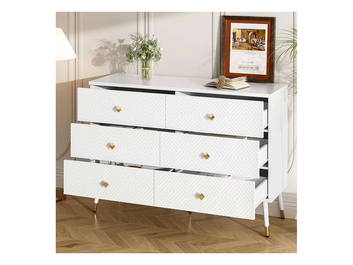 Comò blanche MDF 6 tiroirs rangement chambre salon pieds métal blanc o 120x40x80 cm