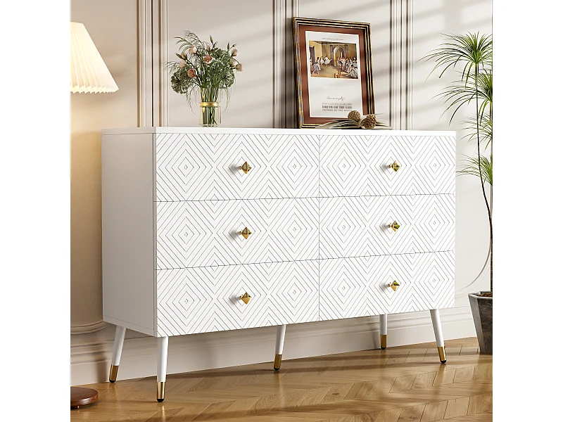 Cómoda de MDF blanco con 6 cajones para almacenaje, dormitorio, salón, patas de metal blanco y dorado, 120 x 40 x 80 cm