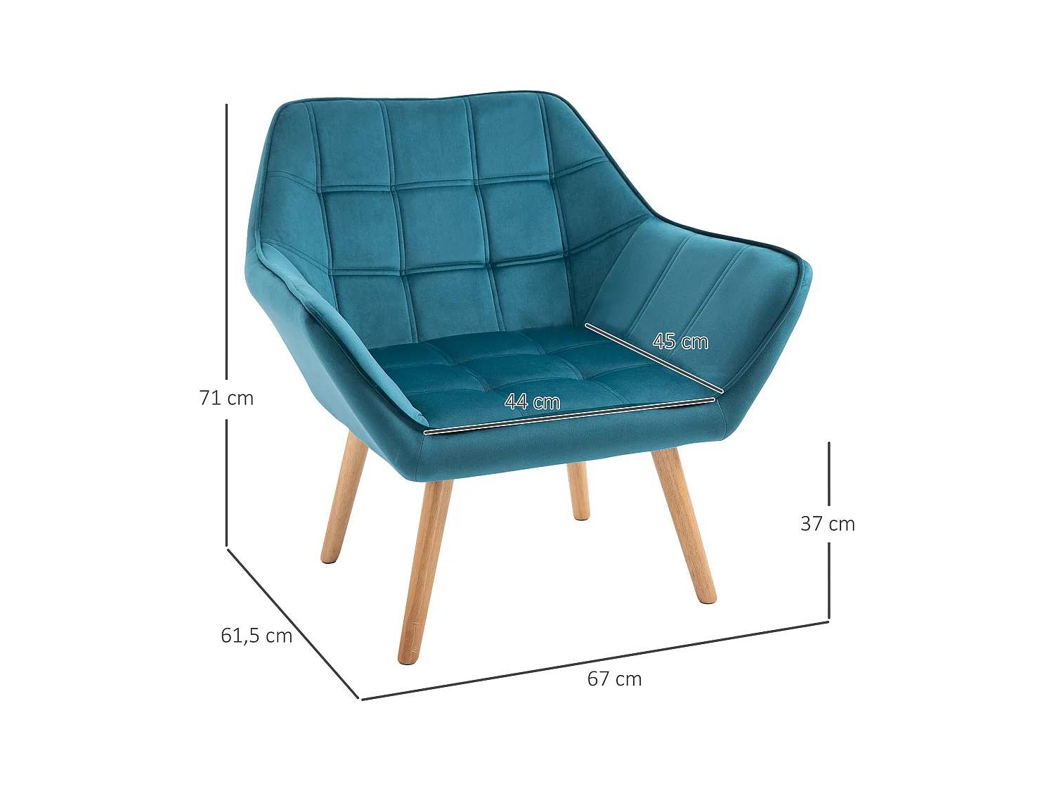 Poltrona escandinava de veludo poliéster com pernas de madeira para sala de estar, quarto, azul claro