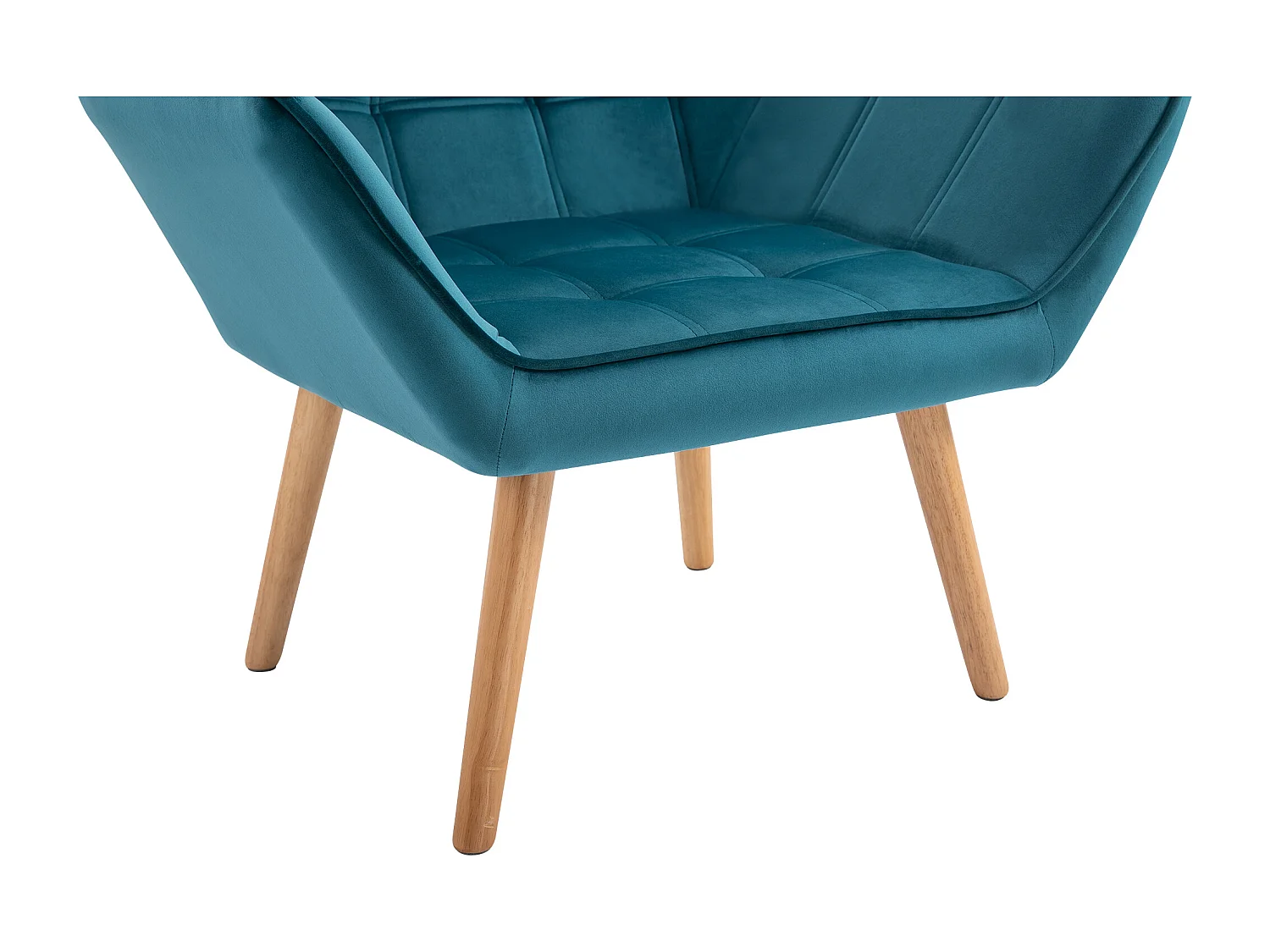 Poltrona escandinava de veludo poliéster com pernas de madeira para sala de estar, quarto, azul claro