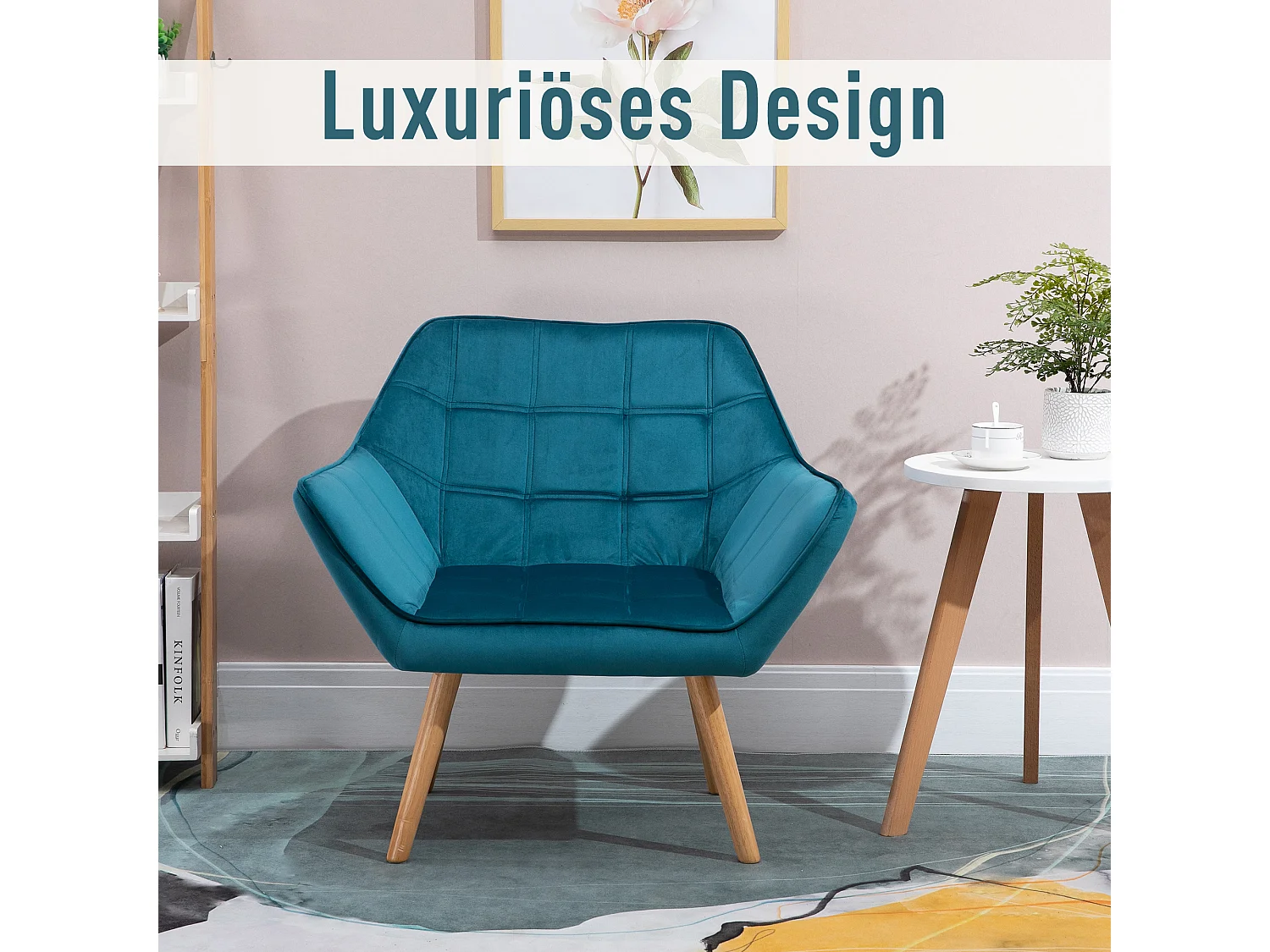 Sillón escandinavo con cojín de terciopelo de poliéster y patas de madera para salón dormitorio azul claro