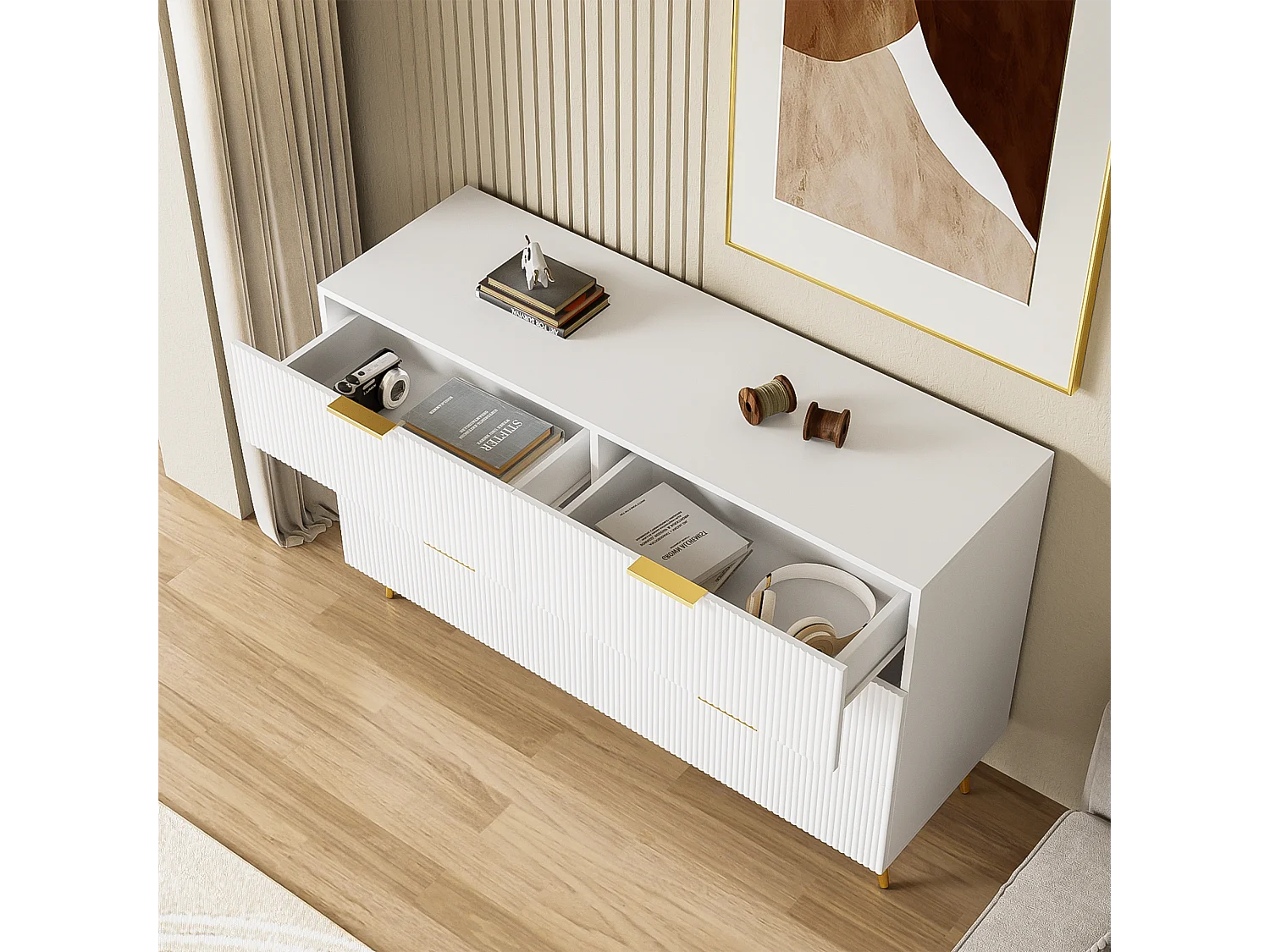 Buffet moderno bois blanc et or 6 cassetti 120x40x77 cm meuble de rangement design salon