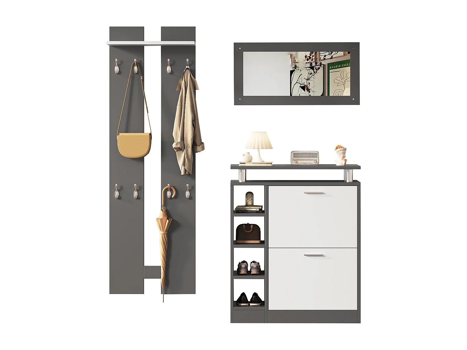 Mobile ingresso grigio legno con specchio armadio chaussures patères murale 5 pezzi compatto