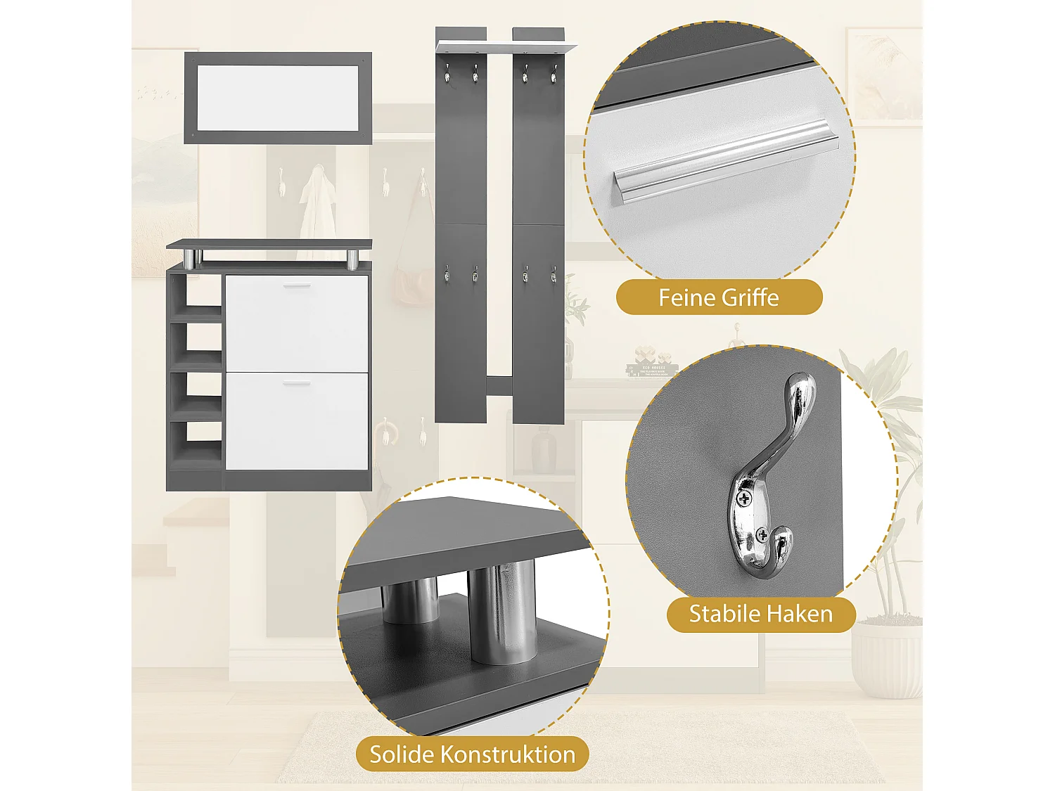 Mobile ingresso grigio legno con specchio armadio chaussures patères murale 5 pezzi compatto