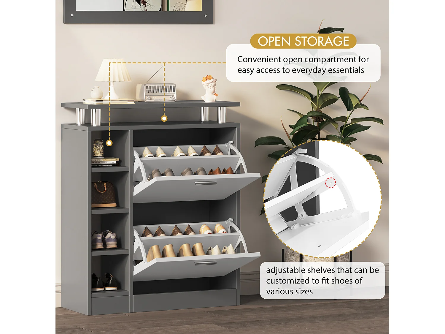 Mobile ingresso grigio legno con specchio armadio chaussures patères murale 5 pezzi compatto