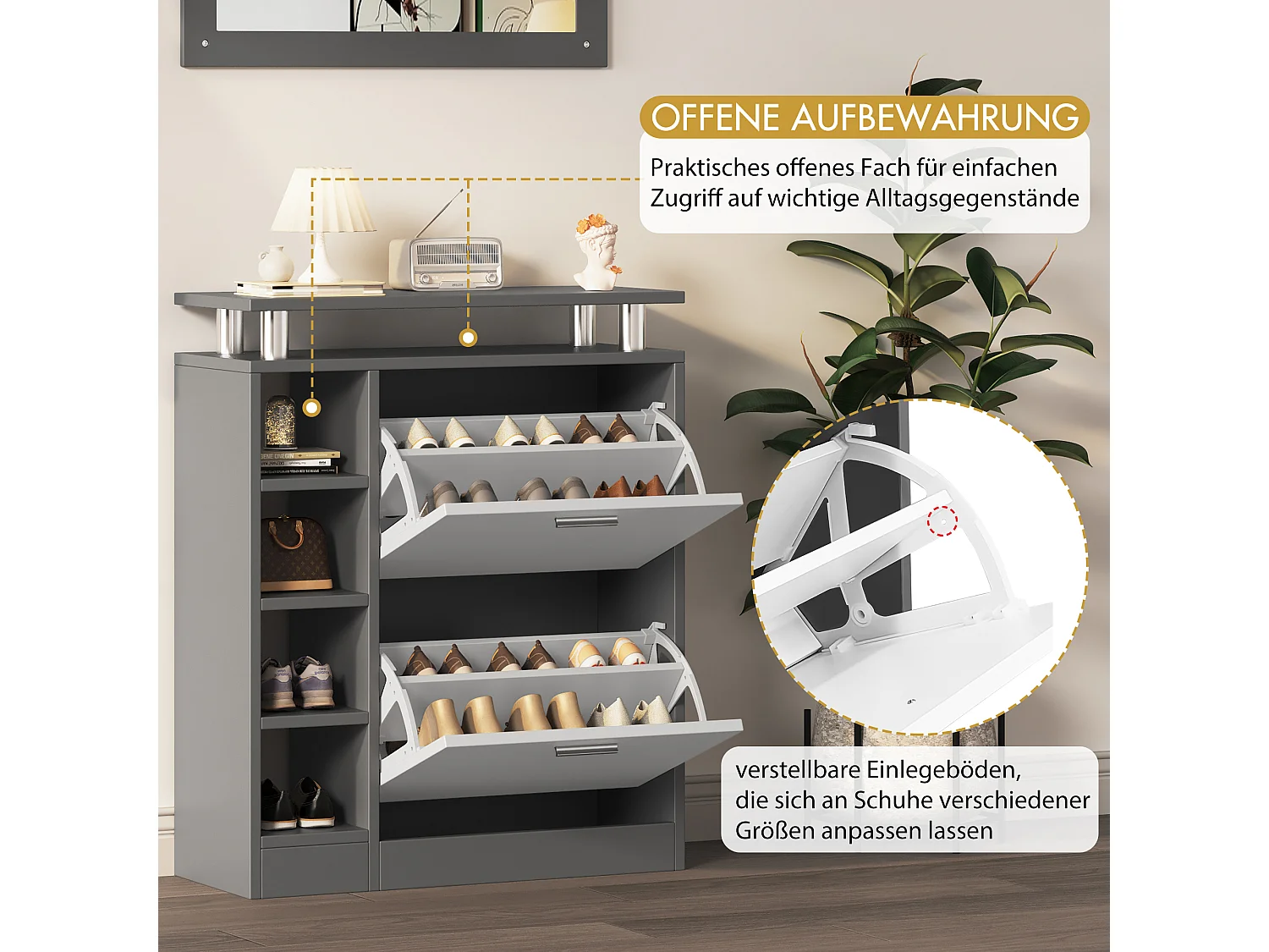 Mobile ingresso grigio legno con specchio armadio chaussures patères murale 5 pezzi compatto