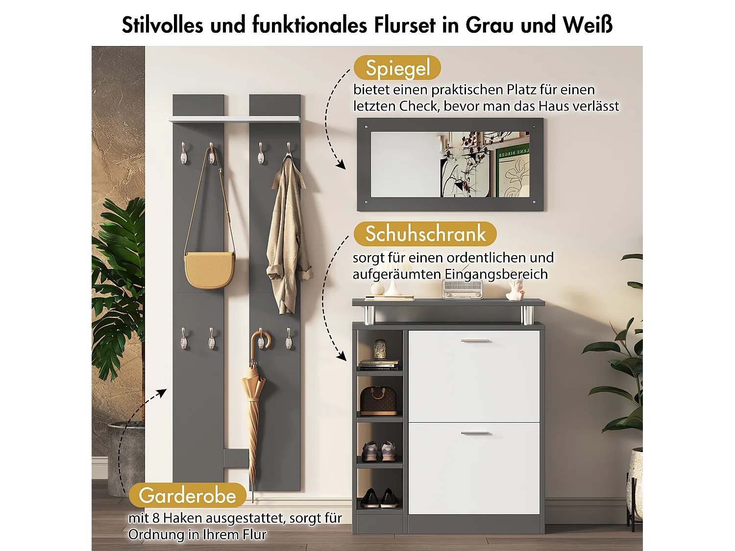 Mobile ingresso grigio legno con specchio armadio chaussures patères murale 5 pezzi compatto