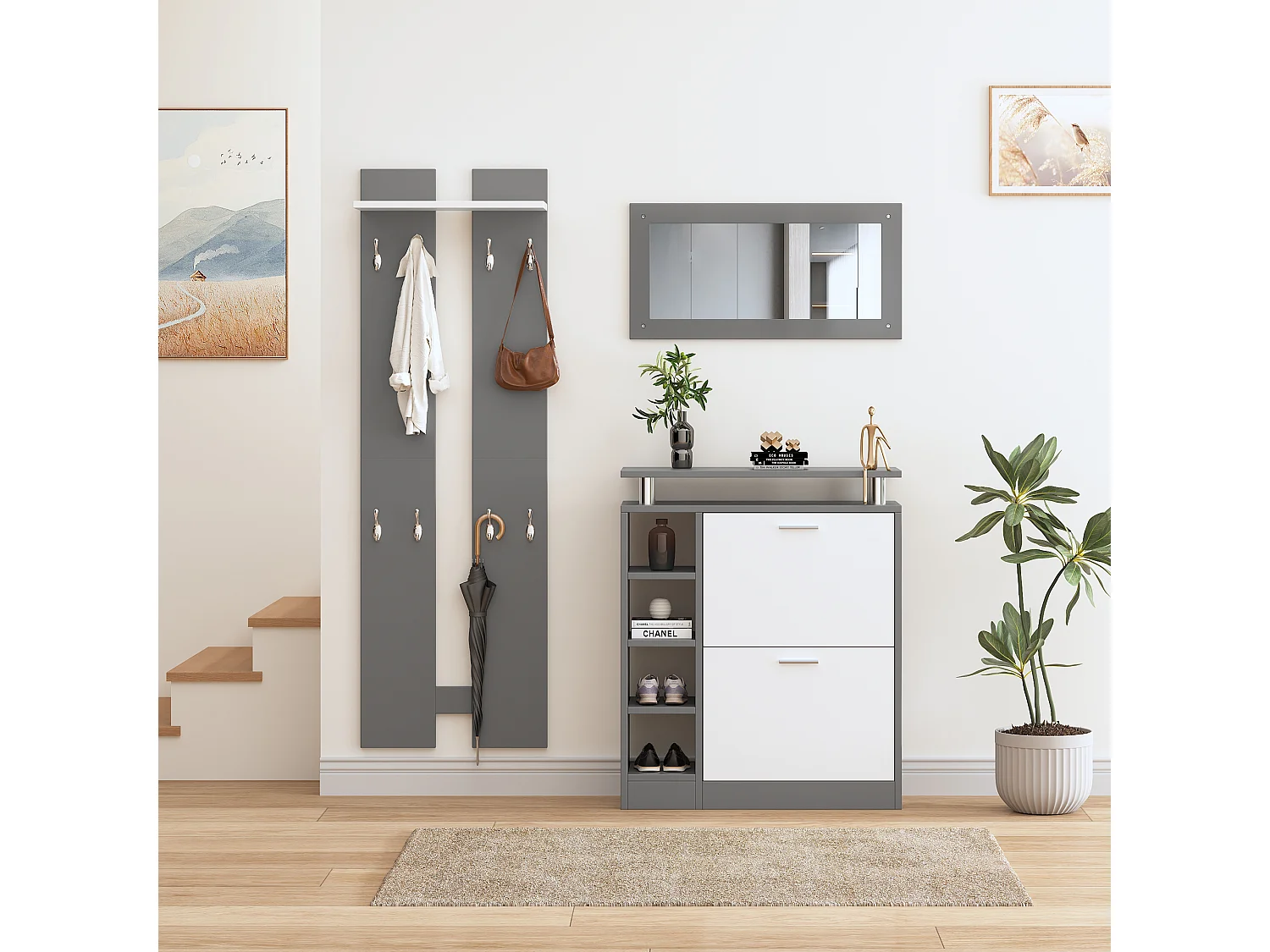Mobile ingresso grigio legno con specchio armadio chaussures patères murale 5 pezzi compatto