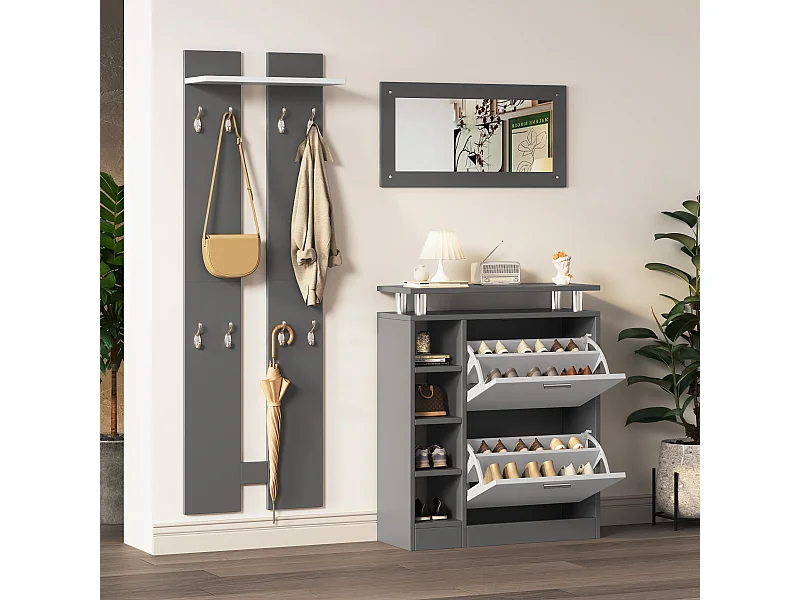Mobile ingresso grigio legno con specchio armadio chaussures patères murale 5 pezzi compatto